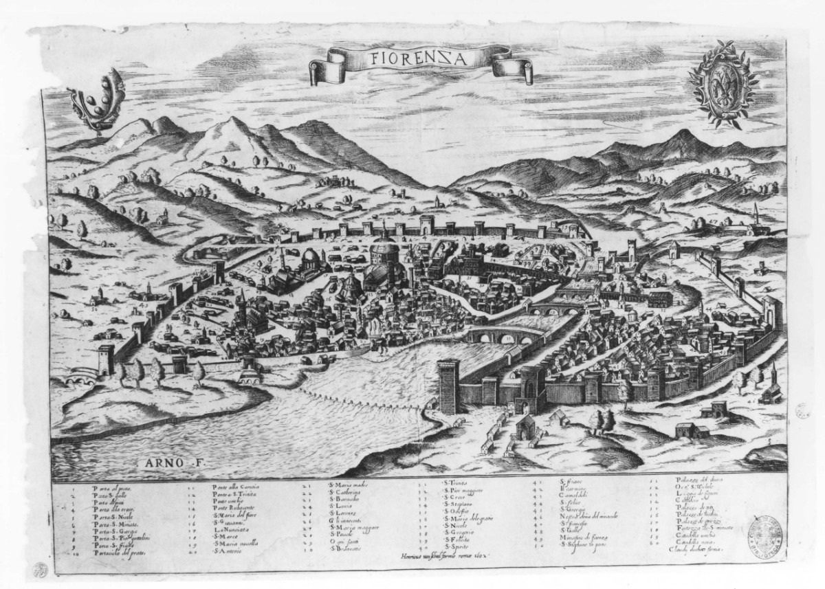 Fiorenza, pianta prospettica di Firenze (stampa) di Schoel Hendrik van (sec. XVII)