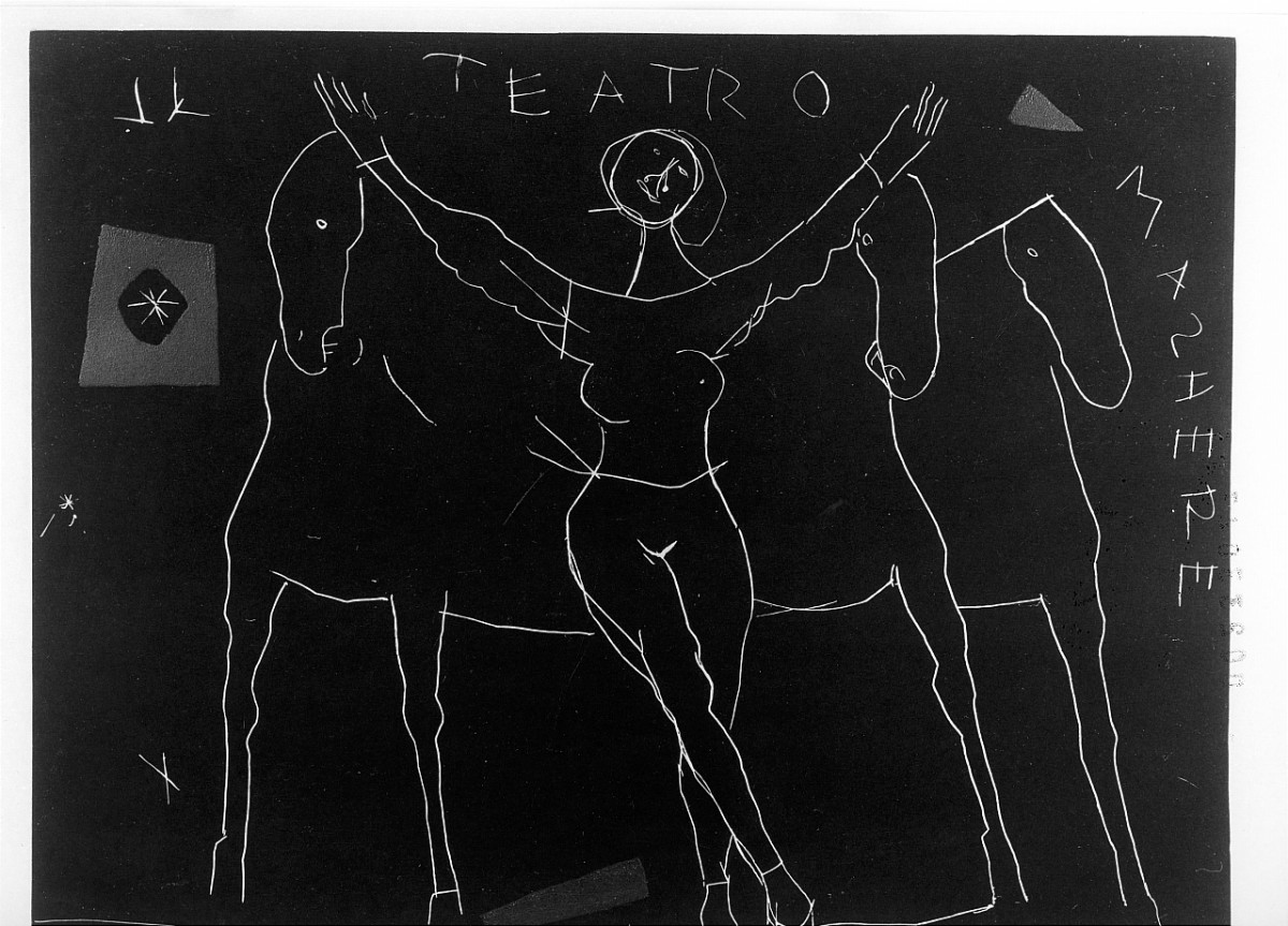 Il canto II, donna danzante con tre cavalli (stampa) di Marini Marino (sec. XX)