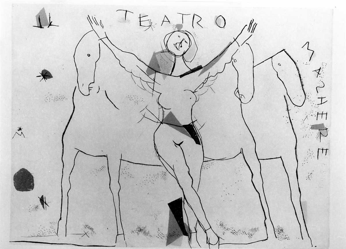 Il canto I, donna danzante e tre cavalli (stampa) di Marini Marino (sec. XX)