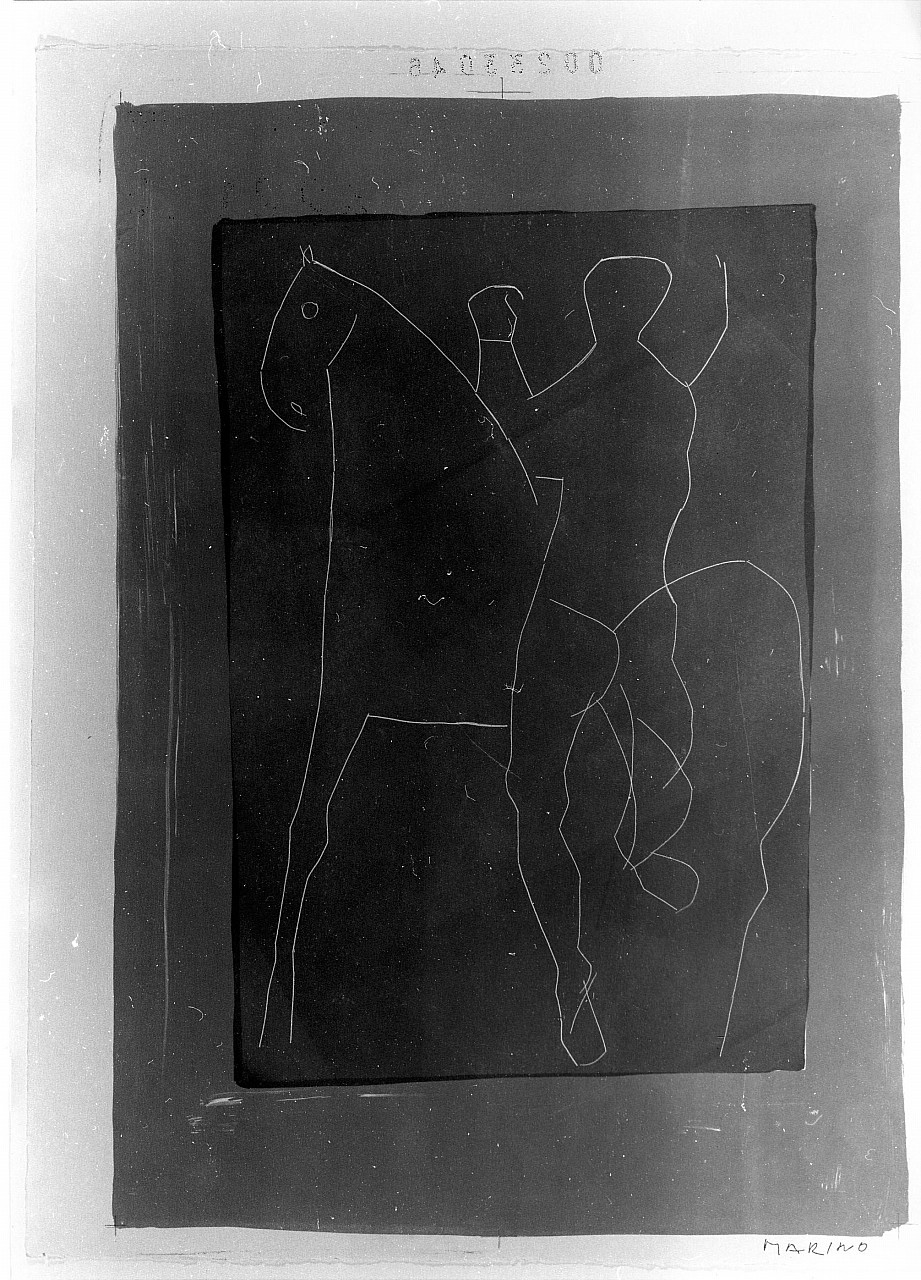 Reiten auf violatten Grund, mit roter bordure, cavaliere di profilo (stampa) di Marini Marino (sec. XX)