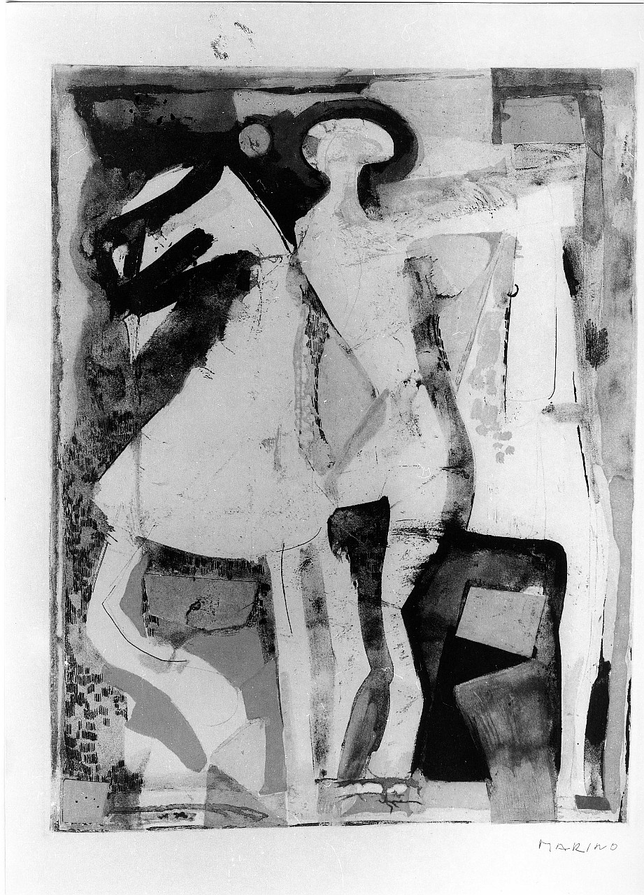 In equilibrio, uomo in piedi tra due cavalli (stampa) di Marini Marino (sec. XX)