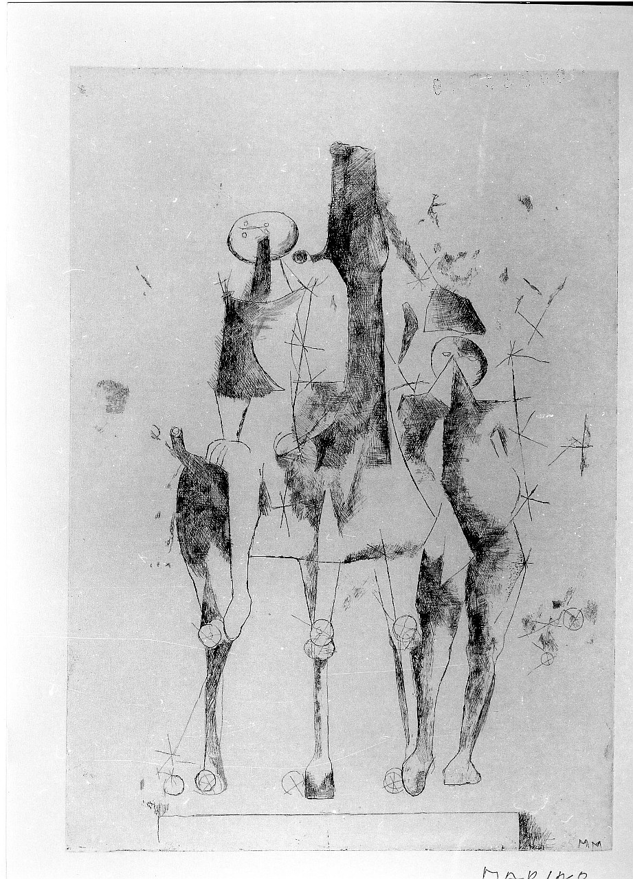 Gioco di teatro, uomo accanto a cavaliere (stampa) di Marini Marino (sec. XX)