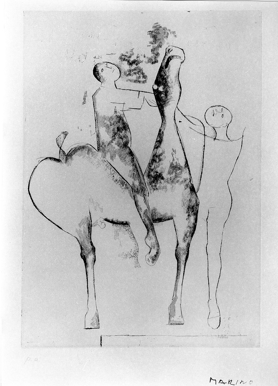 Composizione di giocolieri, un cavaliere e un uomo (stampa) di Marini Marino (sec. XX)