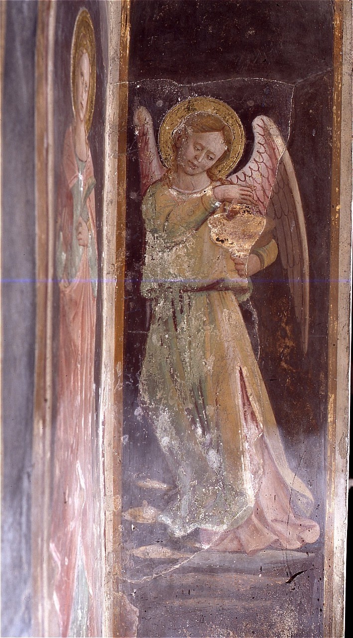angelo musicante con cembalo (dipinto murale) di Domenico di Michelino (sec. XV)