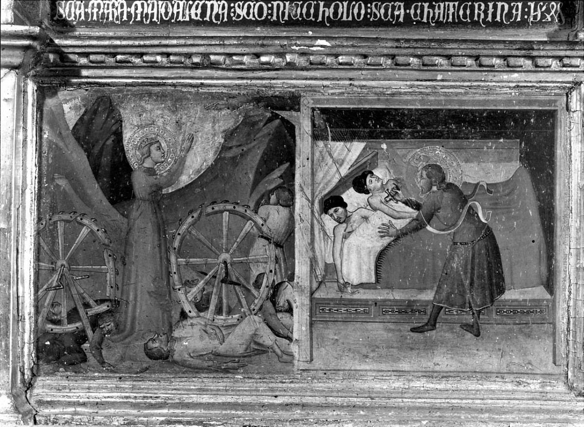 Santa Caterina d'Alessandria e il miracolo della ruota/ San Giuliano l'Ospedaliere uccide accidentalmente i genitori (predella) di Francesco di Michele (attribuito) (sec. XIV)