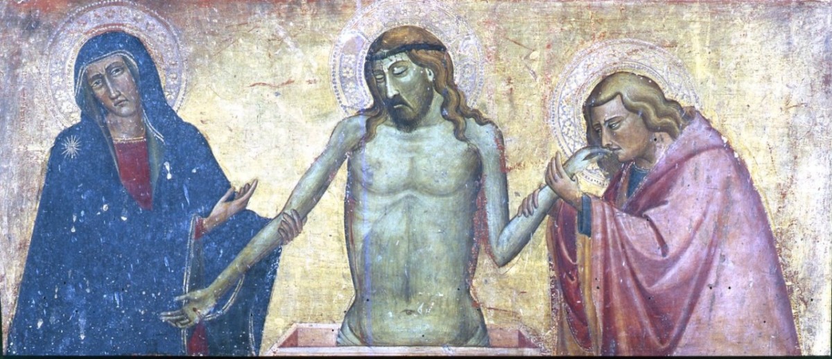 Cristo in pietà tra la Madonna e San Giovanni Evangelista (scomparto di predella) di Francesco di Michele (attribuito) (sec. XIV)