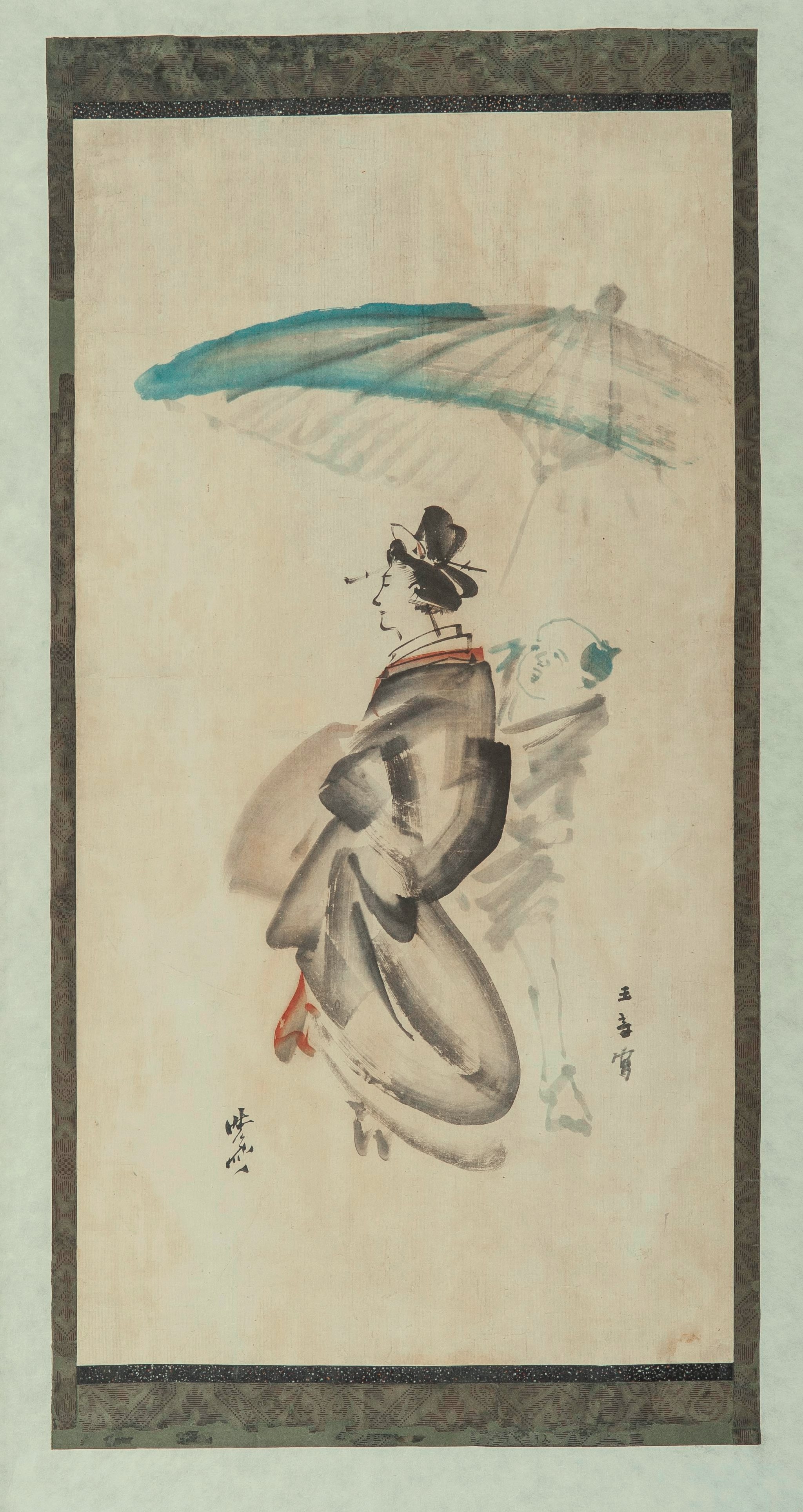 cortigiana con parasole (dipinto) di Kyōsai, Kawanabe, Kawabata Gyokusho - ambito giapponese (ultimo quarto XIX)