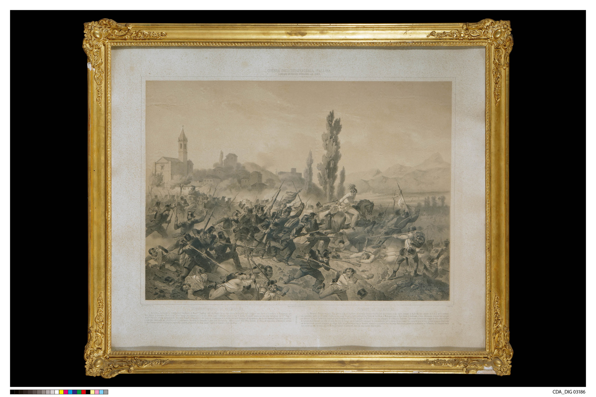 Combattimento di Calmasino, Carica dell'esercito piemontese nei pressi di un villaggio (stampa, serie) di Grimaldi, Stanislao, Bour, Charles (XIX)