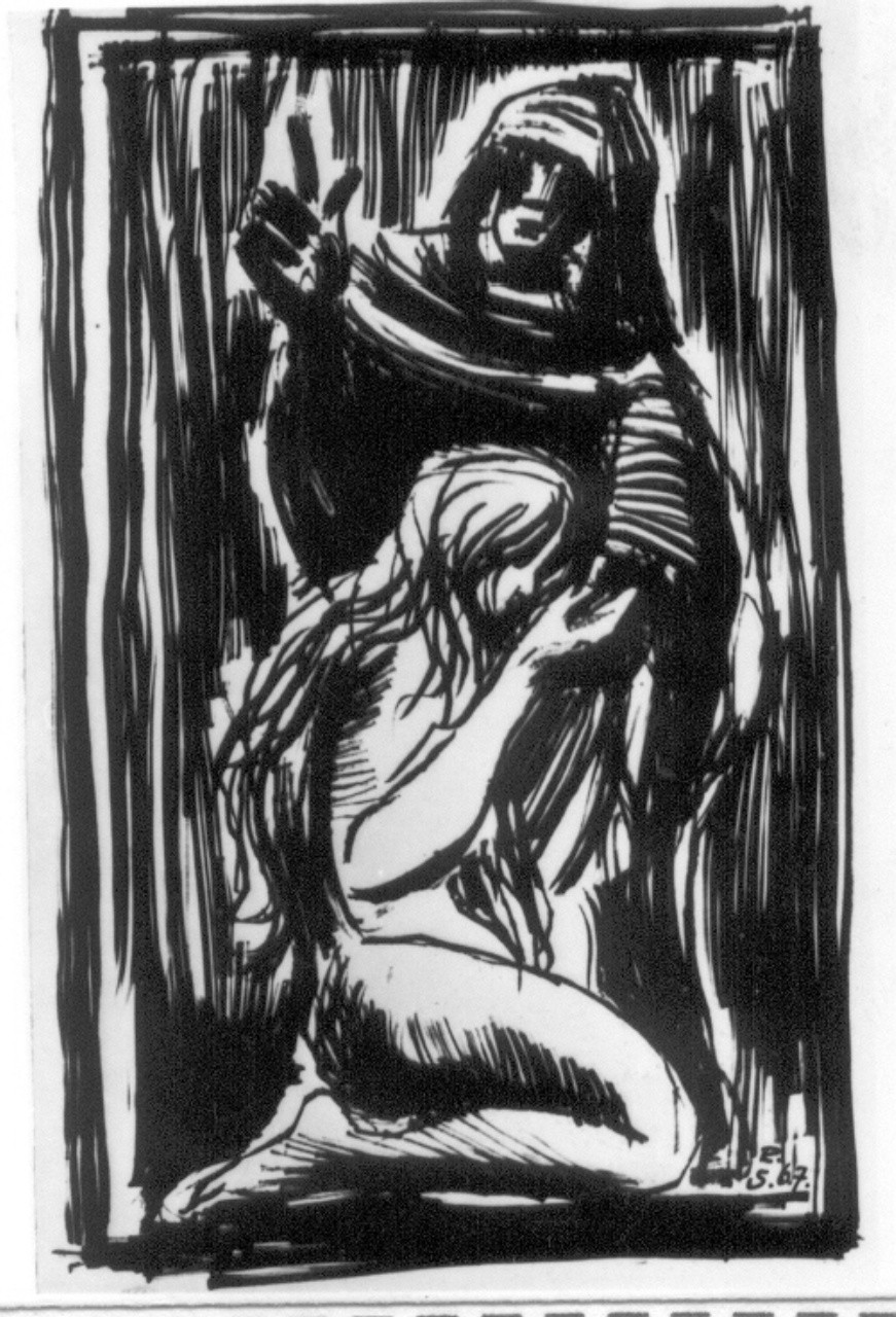 monaco con figura femminile (stampa) di Szalas Romano (sec. XX)