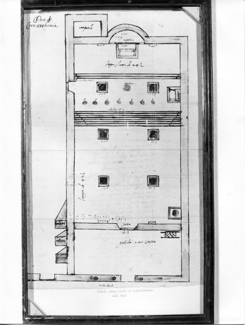 pianta della chiesa di Cornacchiaia (disegno tecnico) di Muratori Vincenzo detto Maestrino (sec. XVII)