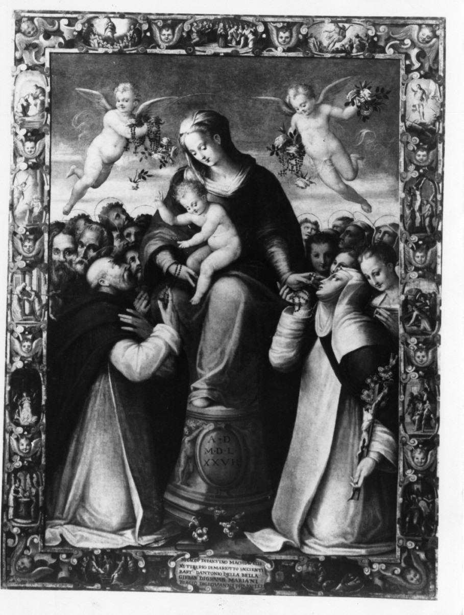 Madonna del Rosario con Santi domenicani e misteri del rosario (dipinto) di Francesco del Brina (attribuito) (sec. XVI)