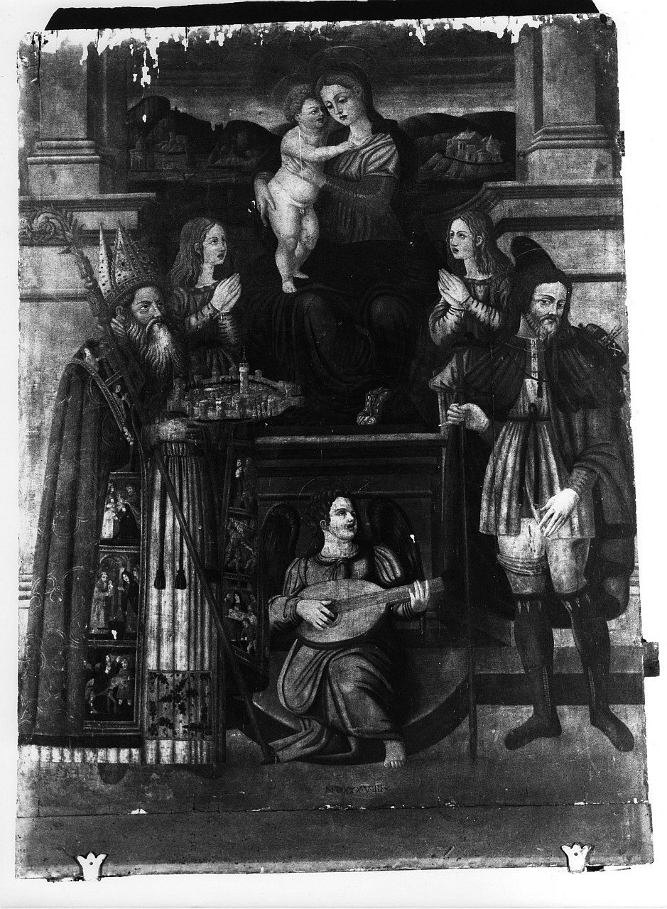 Madonna con Bambino fra angeli con San Romolo e San Rocco (dipinto) di De Magistris Giovanni di Andrea (bottega) (secondo quarto sec. XVI)