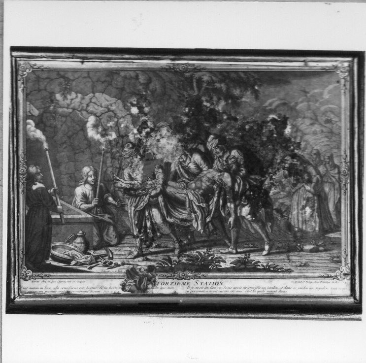 stazione XIV: Gesù deposto nel sepolcro (stampa) di Dubercelle F (attribuito) (prima metà sec. XVIII)