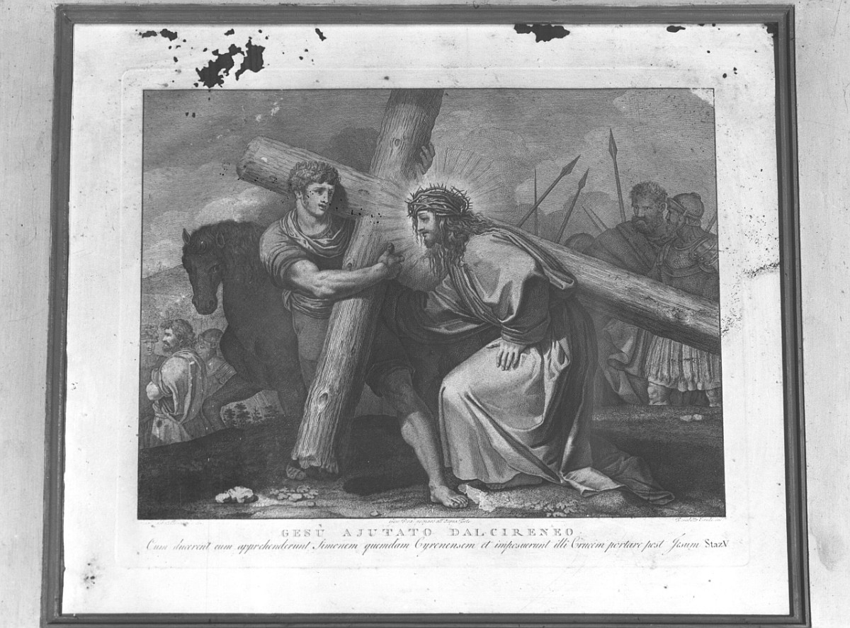 stazione V: Gesù aiutato da Simone il Cireneo a portare la croce (stampa) di Pera Giuseppe, Sabatelli Luigi, Eredi Benedetto (sec. XIX)