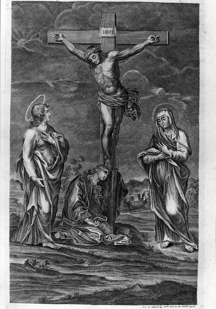 Cristo crocifisso con la Madonna, San Giovanni Evangelista e Santa Maria Maddalena (stampa) di Grandi Carlo (sec. XVIII)