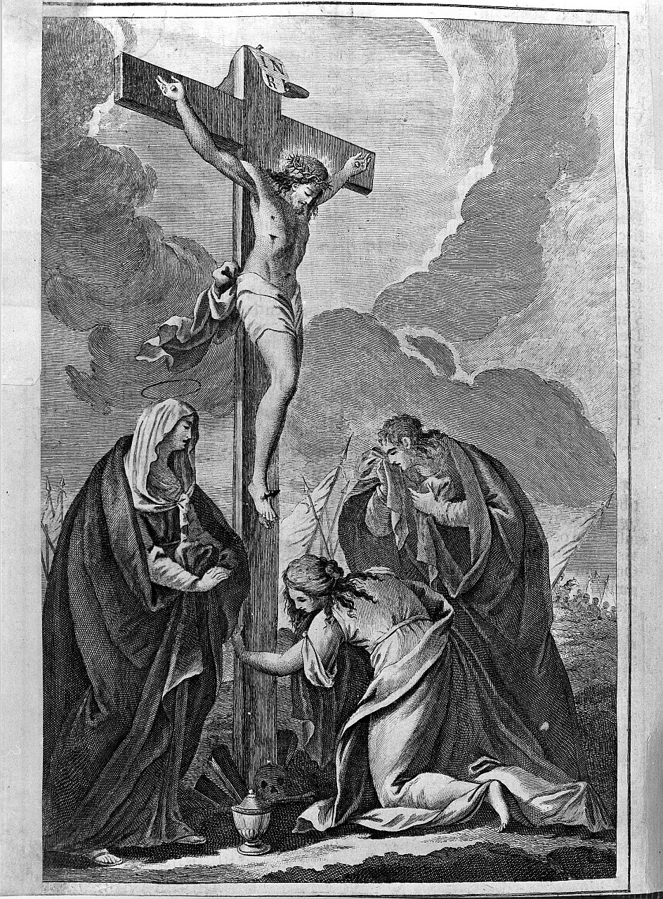 Cristo crocifisso con la Madonna, Santa Maria Maddalena e San Giovanni Evangelista (stampa) di Scataglia Pietro, Bevilacqua Giovanni Carlo (sec. XIX)