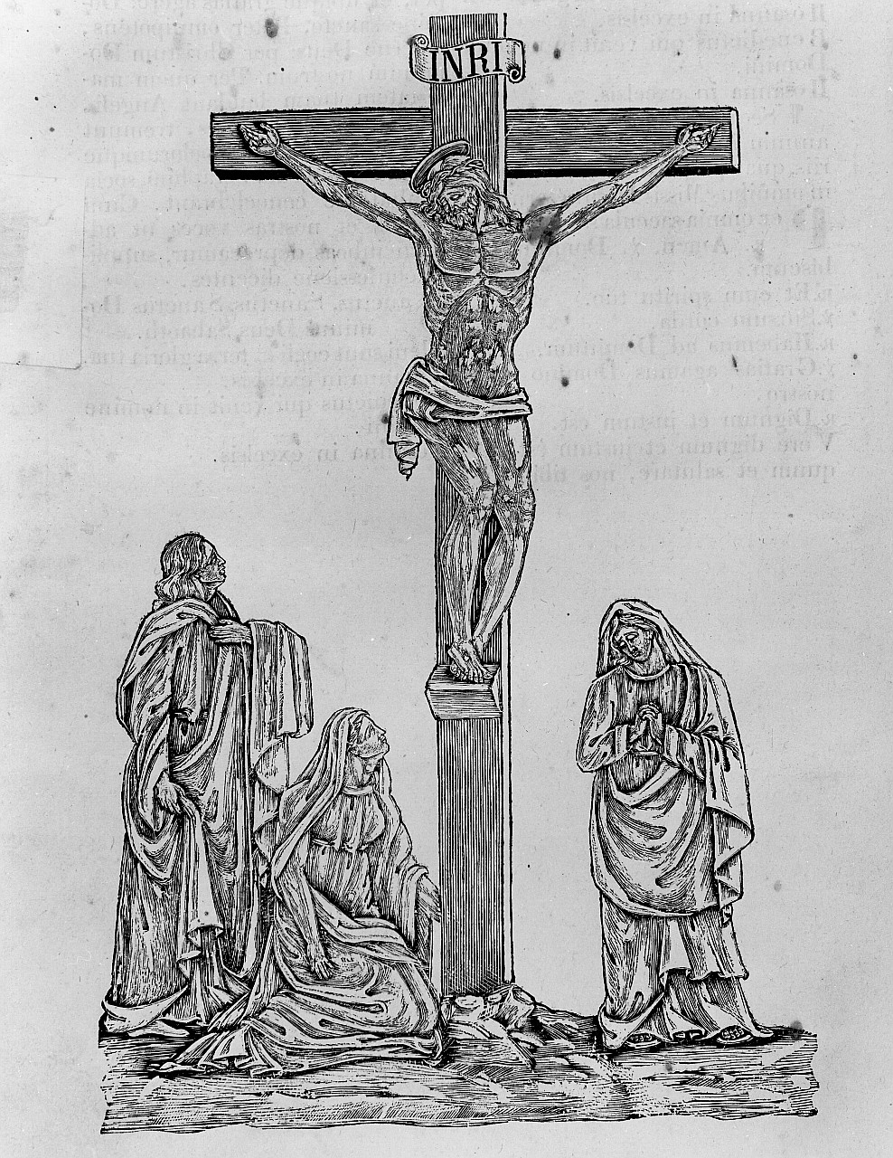 Cristo crocifisso con la Madonna, Santa Maria Maddalena e San Giovanni Evangelista (stampa) - ambito italiano (sec. XVIII)