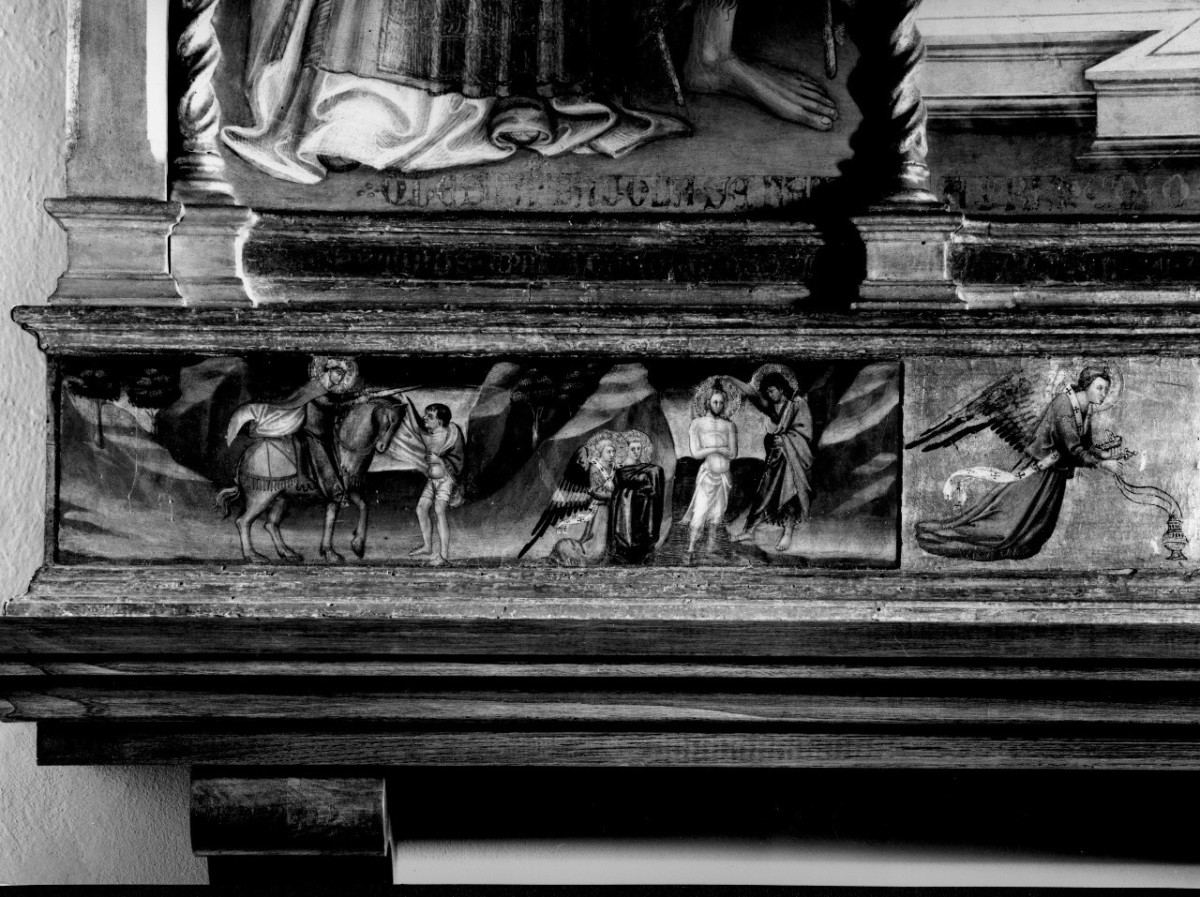 San Martino dona parte del mantello al povero, battesimo di Cristo (dipinto) di Bicci di Lorenzo (secondo quarto sec. XV)