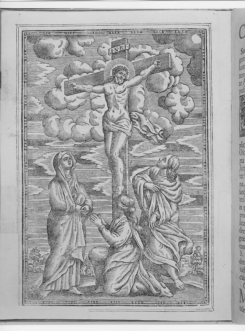 Cristo crocifisso con la Madonna, Santa Maria Maddalena e San Giovanni Evangelista (stampa) di Monogrammista G.P (sec. XVIII)