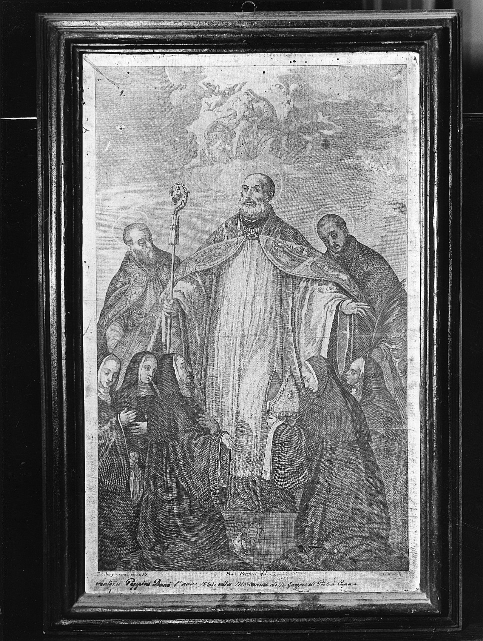 San Benedetto vescovo tra San Mauro, San Placido e monache benedettine (stampa) di Mogalli Cosimo, Petrucci Francesco, Caliari Paolo detto Veronese (fine/ inizio secc. XVII/ XVIII)