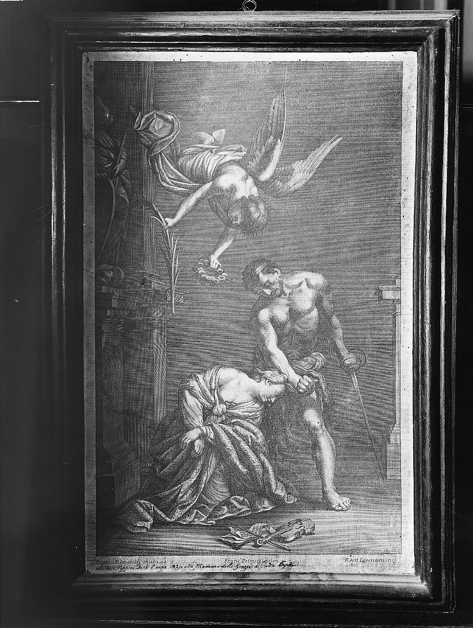 martirio di Santa Cecilia (stampa) di Lorenzini Giovanni Antonio, Petrucci Francesco, Riminaldi Orazio (fine/ inizio secc. XVII/ XVIII)