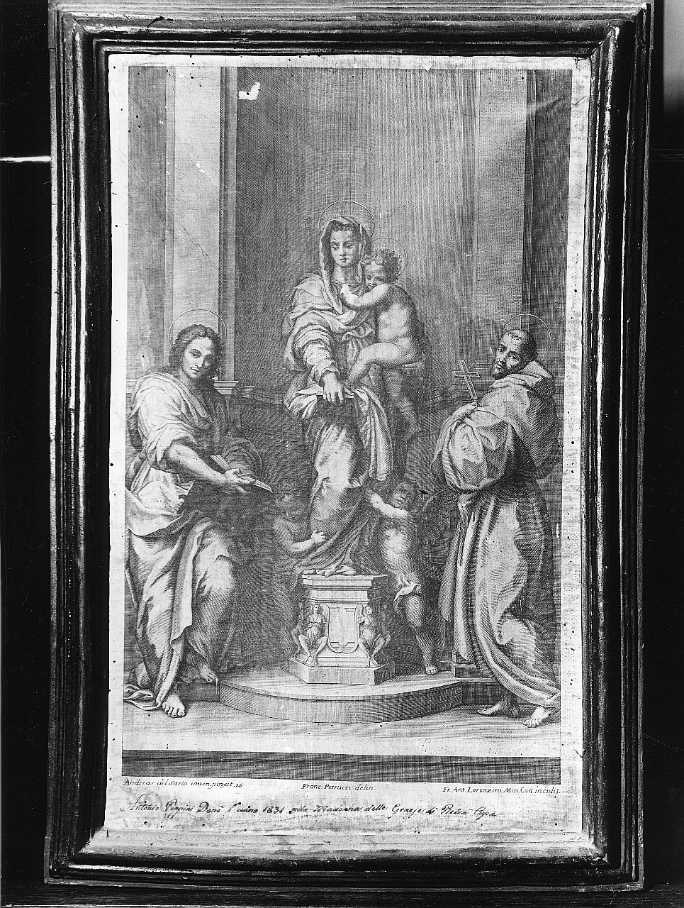 Madonna delle Arpie, Madonna con Bambino tra San Giovanni Evangelista e San Francesco d'Assisi (stampa) di Lorenzini Giovanni Antonio, Petrucci Francesco, Andrea del Sarto (fine/ inizio secc. XVII/ XVIII)