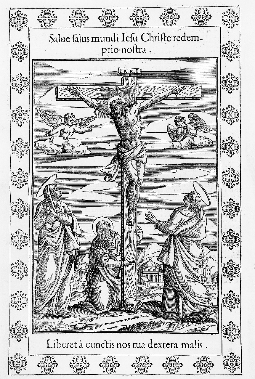 Cristo crocifisso con la Madonna, Santa Maria Maddalena e San Giovanni Evangelista (stampa) - ambito italiano (sec. XVII)