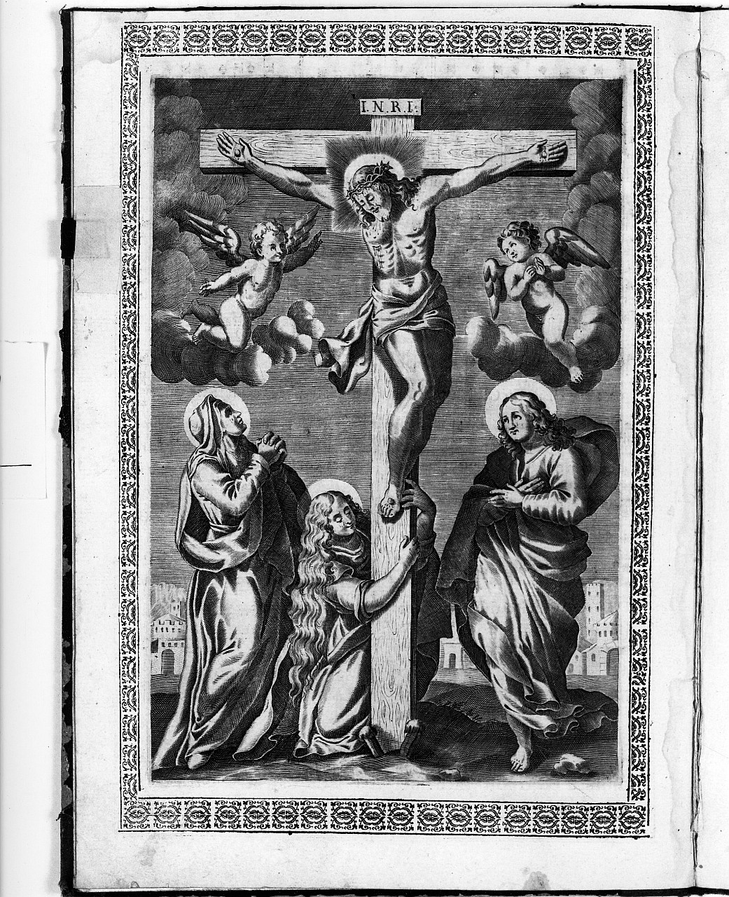 Cristo crocifisso con la Madonna, Santa Maria Maddalena e San Giovanni Evangelista (stampa) - ambito italiano (sec. XVII)