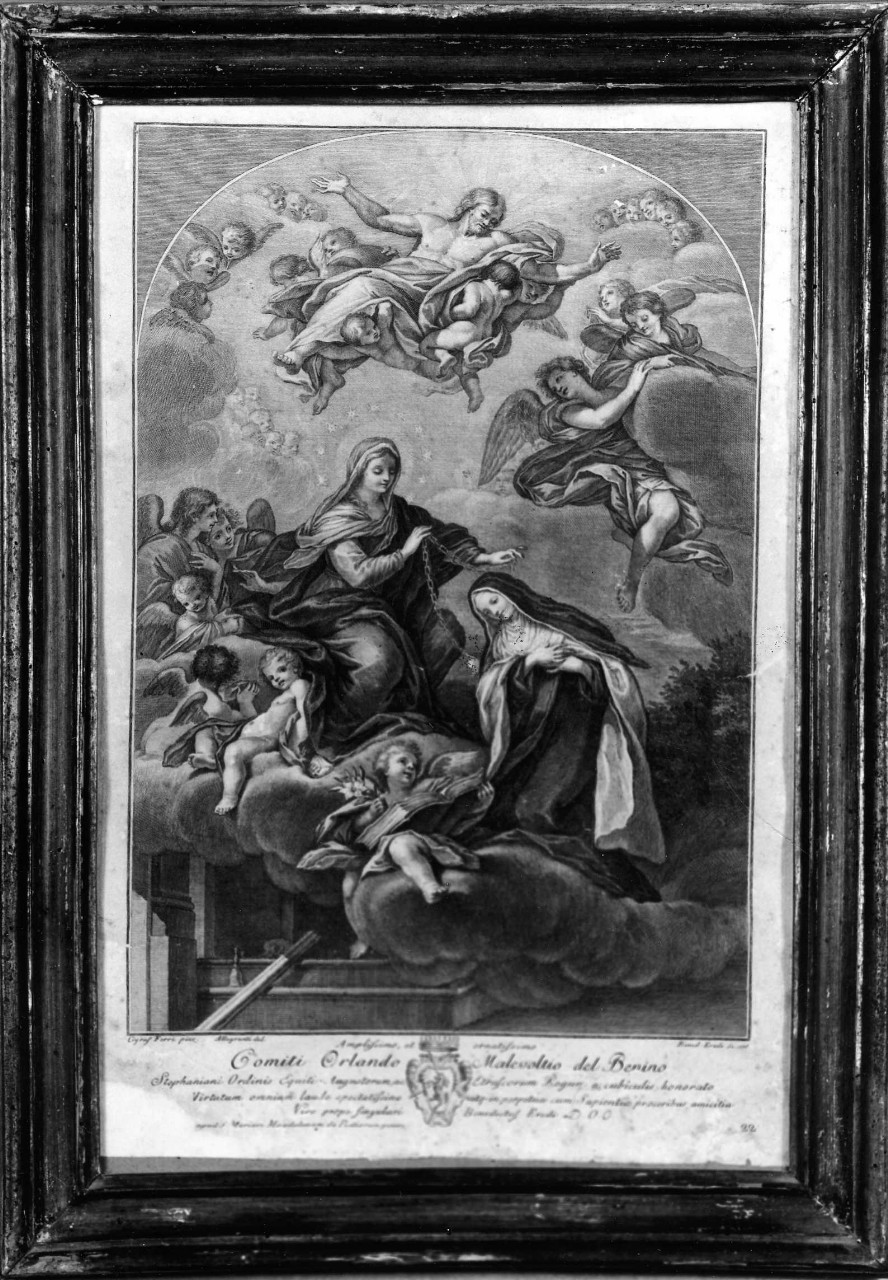 Santa Maria Maddalena dei Pazzi riceve il rosario dalla Madonna (stampa) di Eredi Benedetto, Ferri Ciro, Allegranti Ranieri (sec. XVIII)