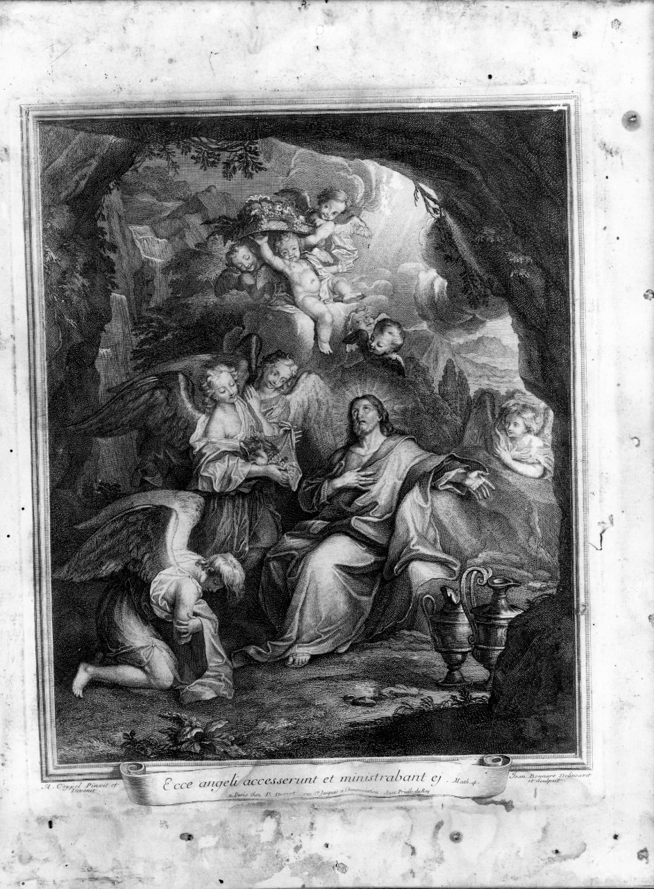 Cristo servito dagli angeli (stampa) di Bonnart Jean Baptiste, Coypel Antoine (sec. XVIII)