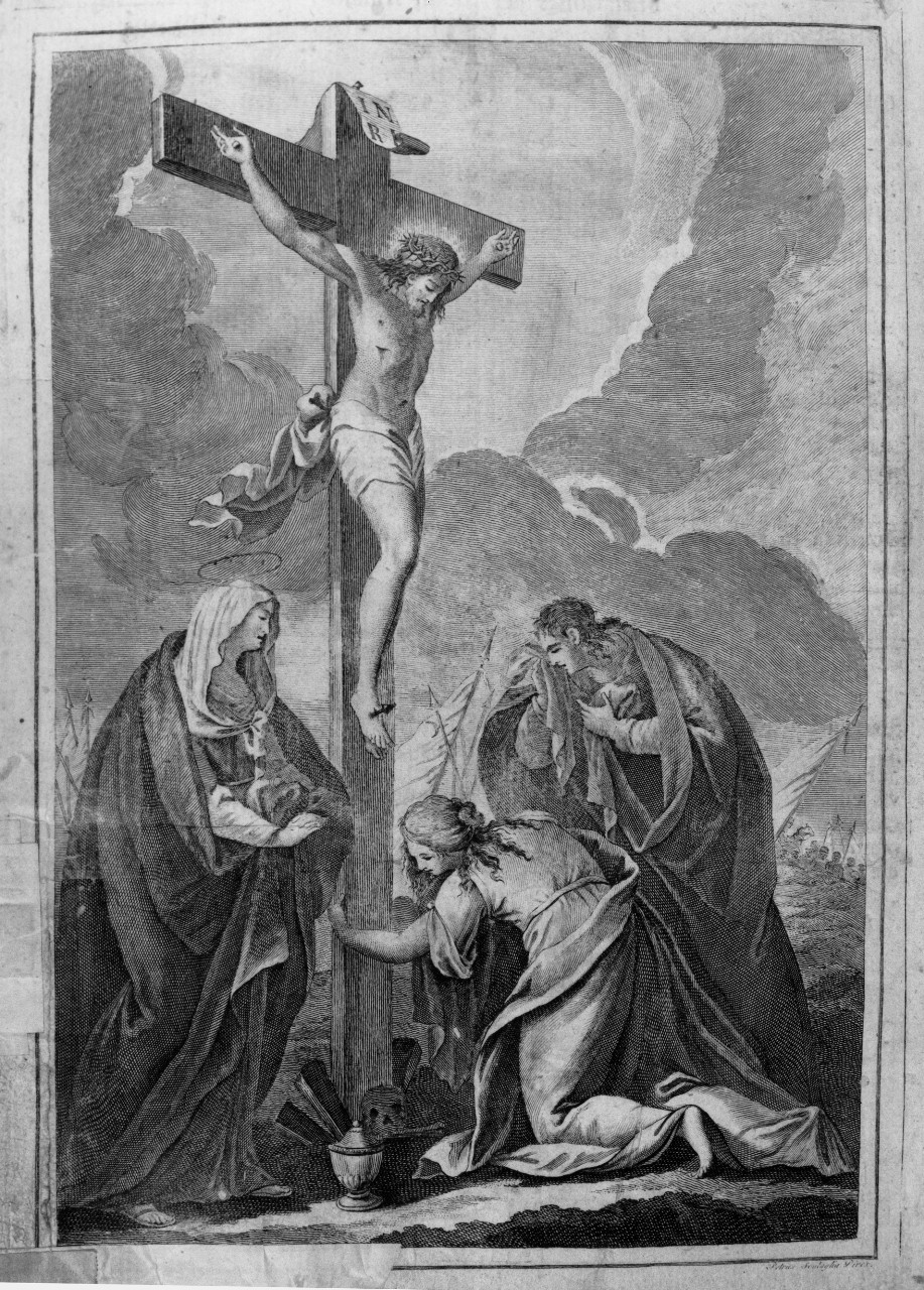 Cristo crocifisso con la Madonna, San Giovanni evangelista e Santa Maria Maddalena (stampa, serie) di Bevilacqua Giovanni Carlo (sec. XIX)