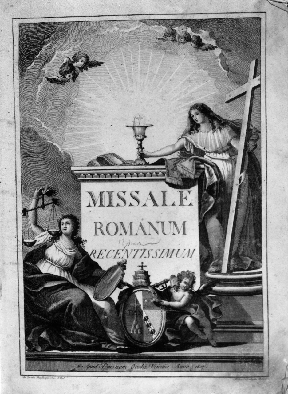 Giustizia e Fede con stemma papale (stampa, serie) di Bevilacqua Giovanni Carlo (sec. XIX)