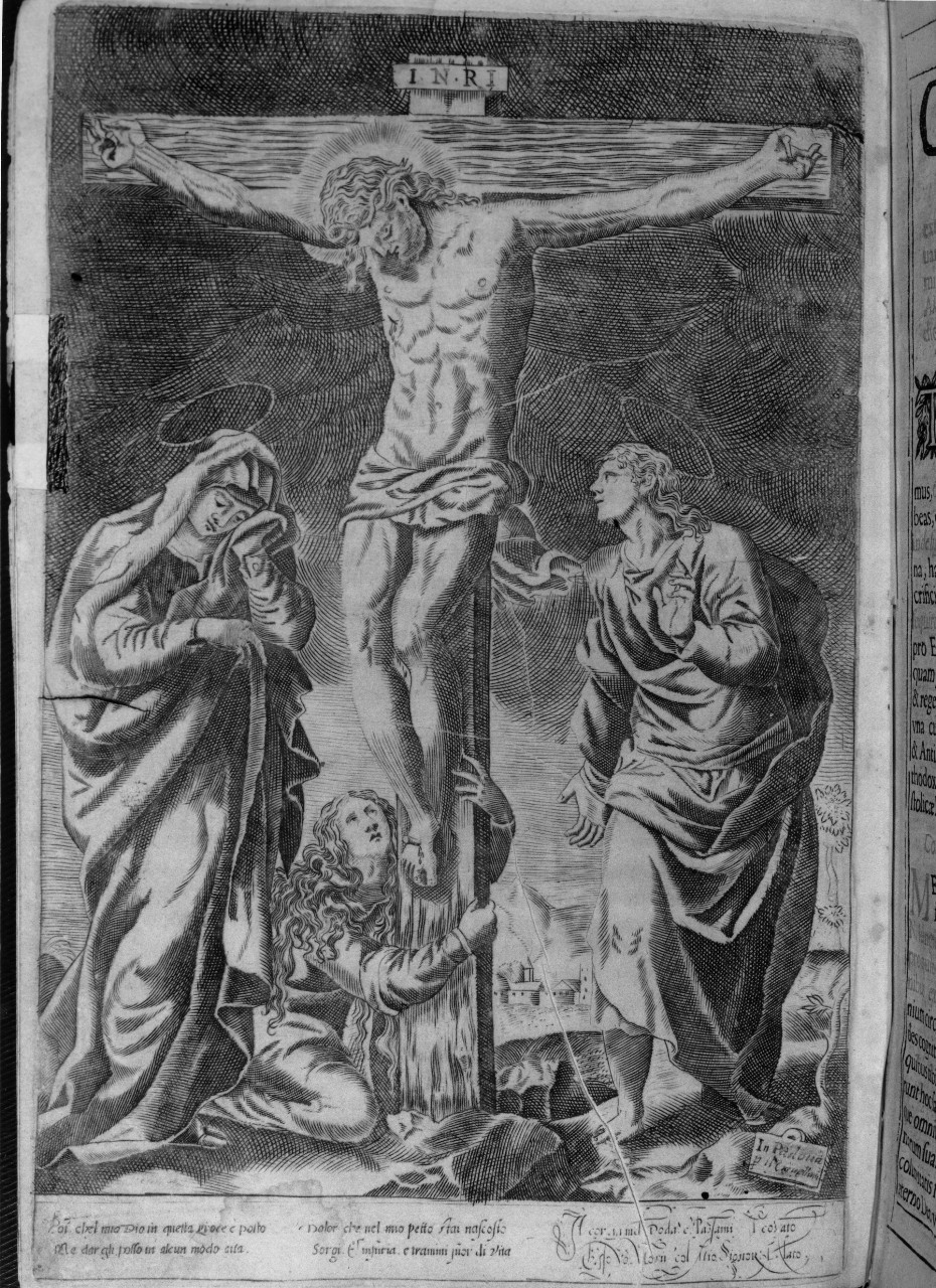 Cristo crocifisso con la Madonna, San Giovanni evangelista e Santa Maria Maddalena (stampa) - ambito veneto (seconda metà sec. XVII)