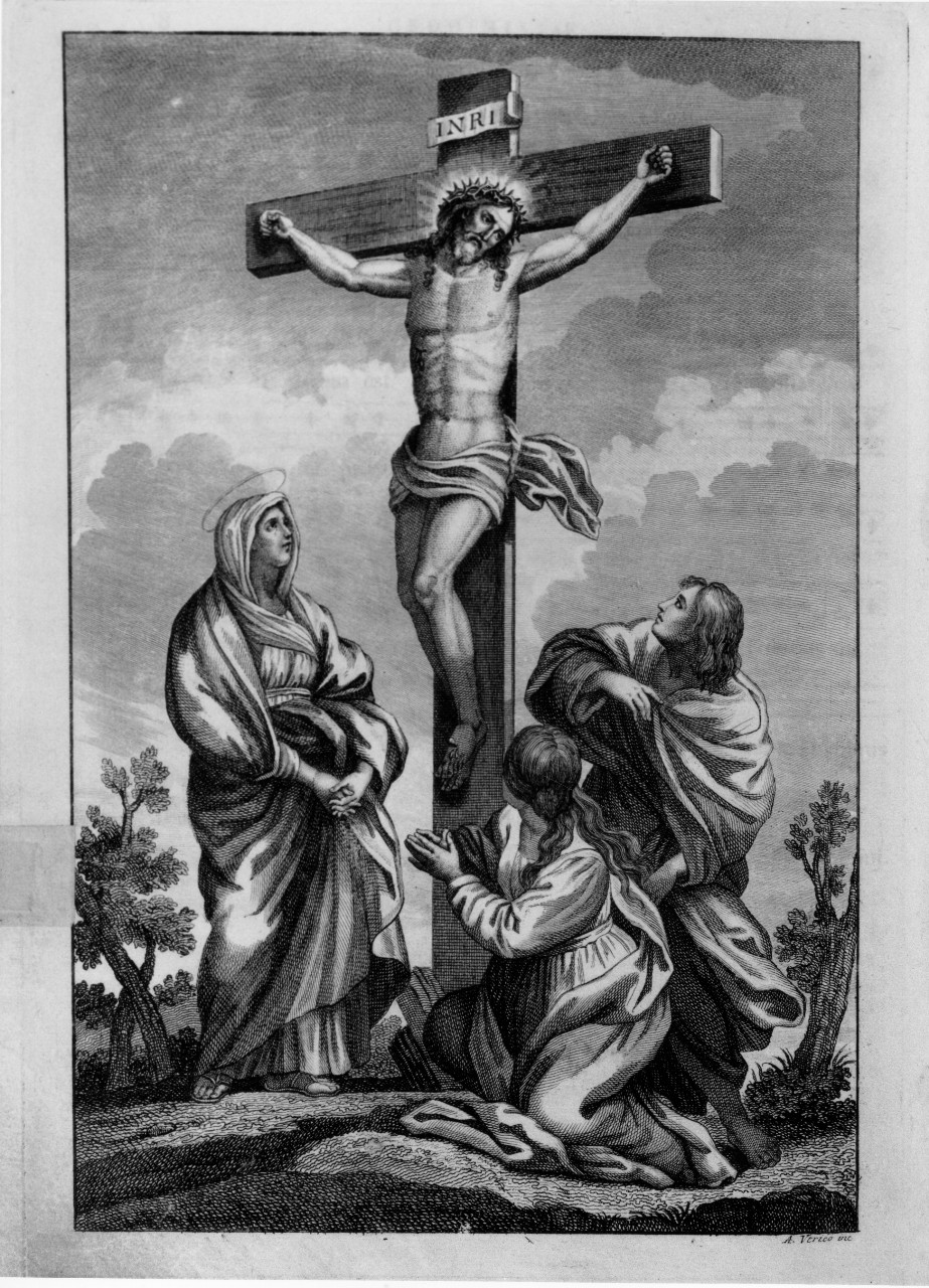 Cristo crocifisso con la Madonna, San Giovanni evangelista e Santa Maria Maddalena (stampa) di Verico Antonio (secc. XVIII/ XIX)