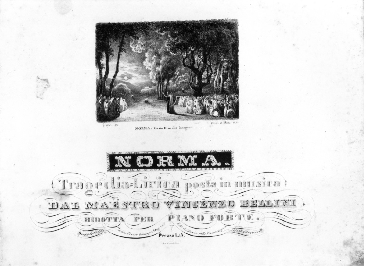 Casta diva che inargenti.., scenografia per la Norma di Vincenzo Bellini (stampa) di Gonin Francesco, Festa Demetro (sec. XIX)