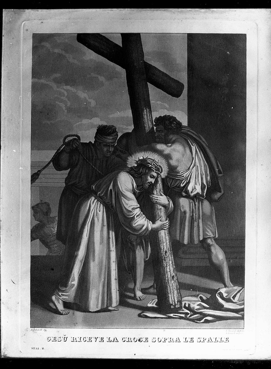 stazione II: Gesù caricato della croce (stampa a colori) di Nardelli Antonio, Biasoli Angelo, Sabatelli Luigi (sec. XIX)
