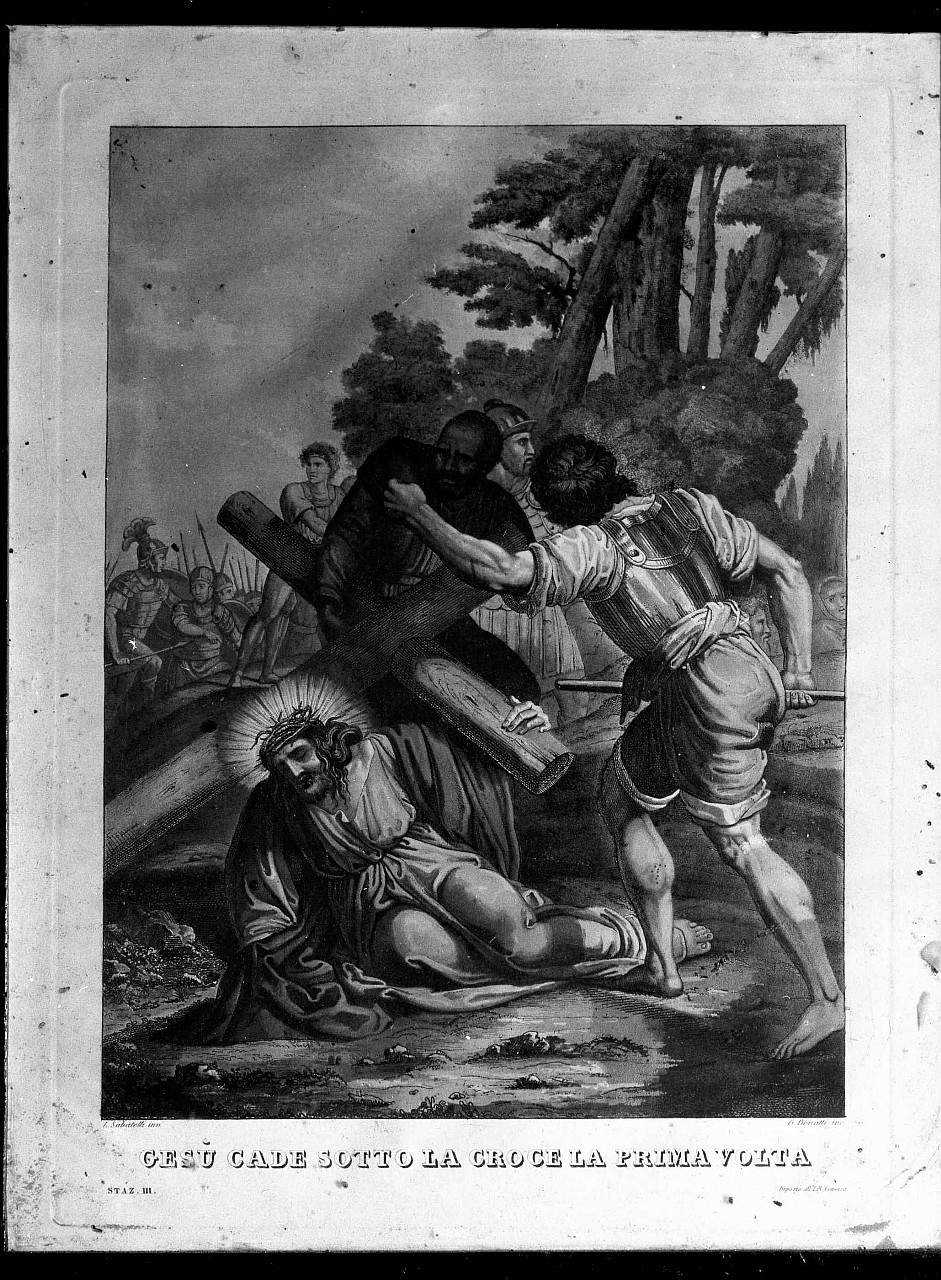 stazione III: Gesù cade sotto la croce la prima volta (stampa a colori) di Bonatti Gaetano, Sabatelli Luigi (sec. XIX)