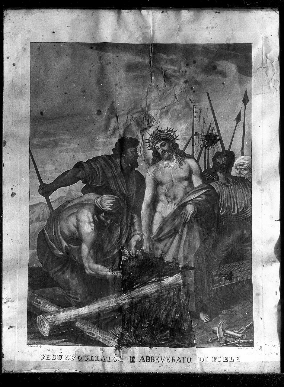 stazione X: Gesù spogliato e abbeverato di fiele (stampa a colori) di Nardelli Antonio, Sabatelli Luigi (sec. XIX)