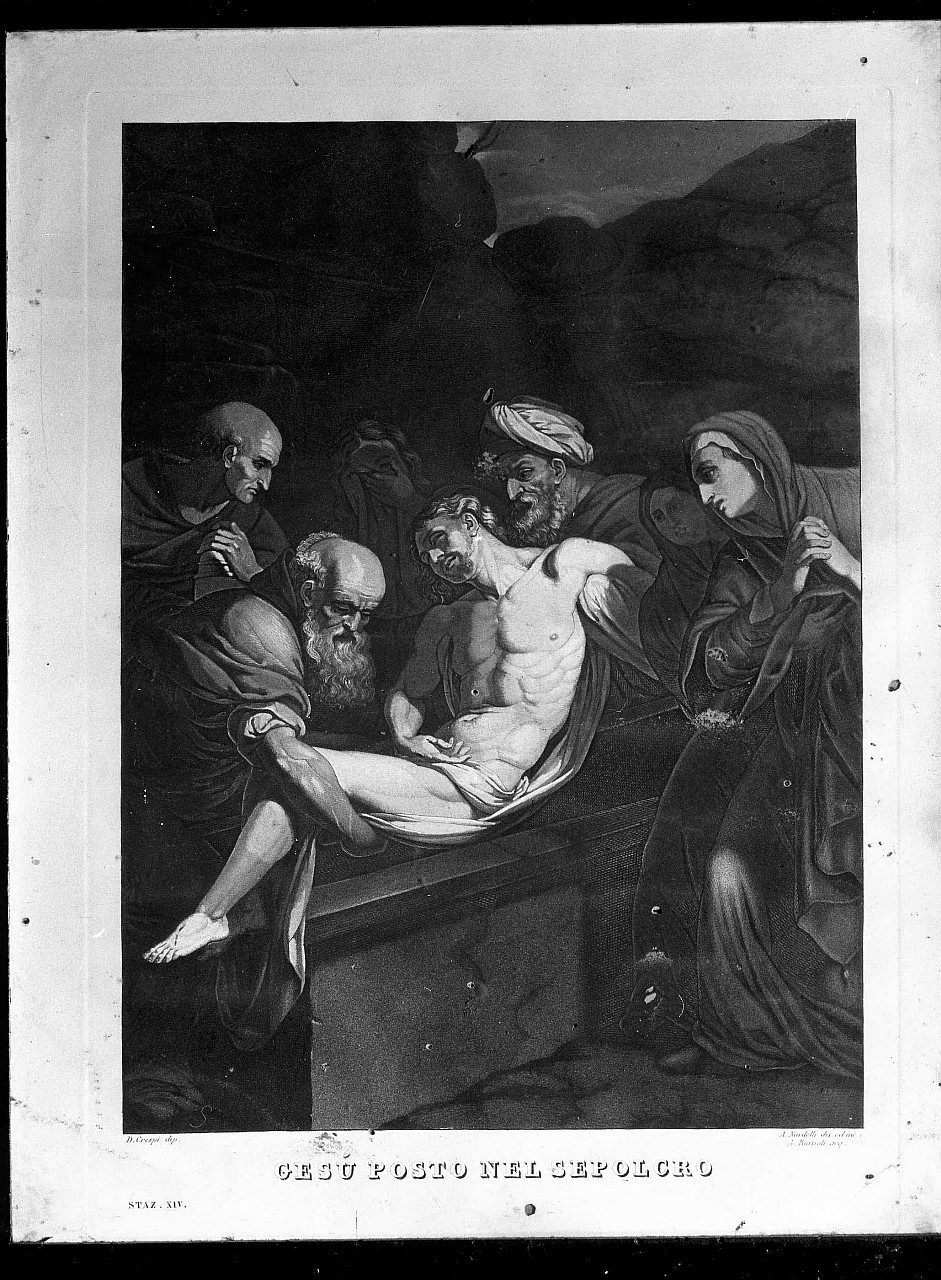stazione XIV: Gesù deposto nel sepolcro (stampa a colori) di Nardelli Antonio, Biasoli Angelo, Crespi Daniele (sec. XIX)