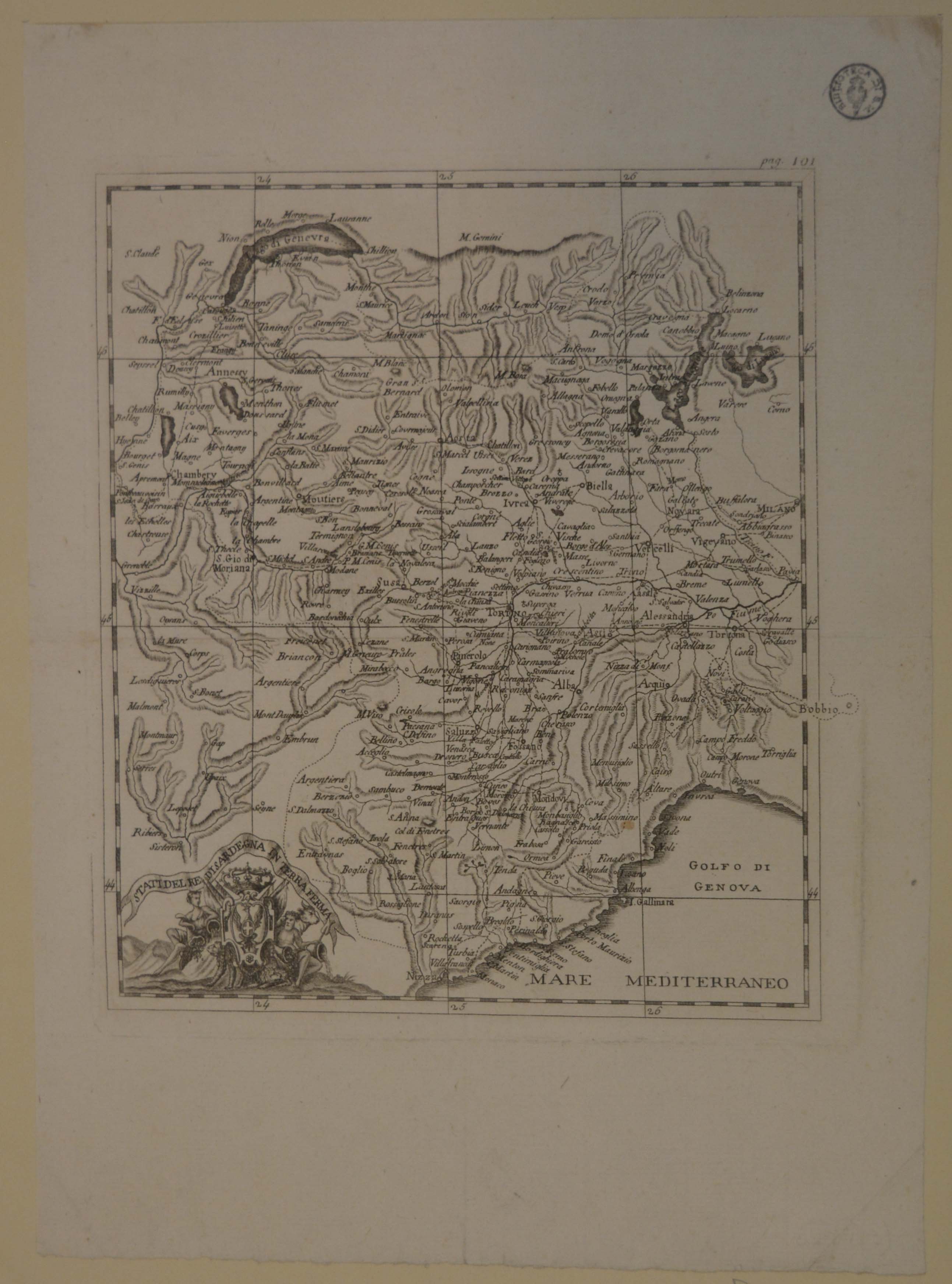 pianta degli Stati del Re di Sardegna in terraferma (stampa) - ambito piemontese (prima metà sec. XVIII)