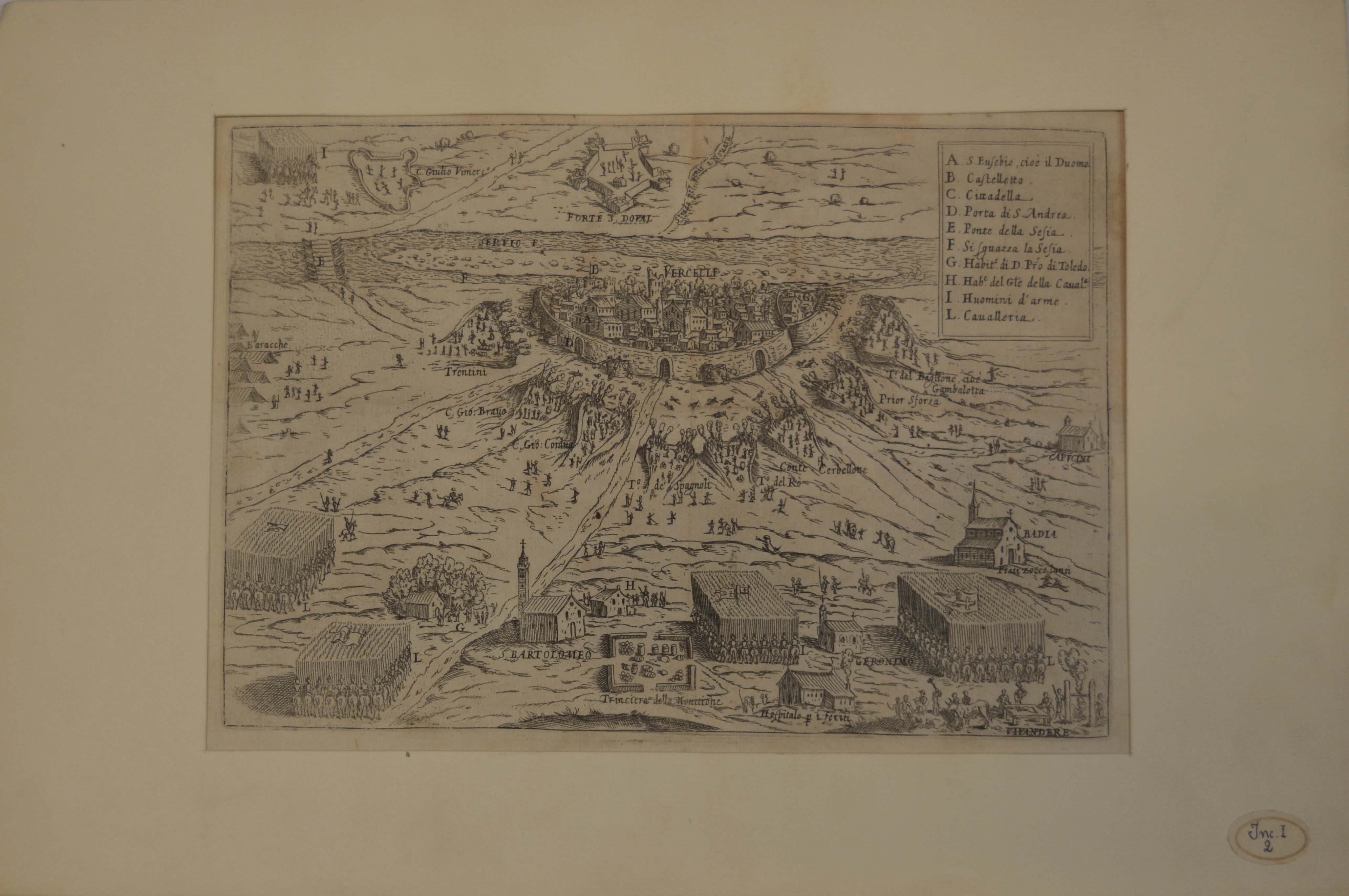Plan du Siege de Verceil par les Espagnoles de l'an 1617, veduta prospettica della città di Vercelli durante l'assedio degli spagnoli del 1617 (stampa) - ambito piemontese (primo quarto sec. XVII)