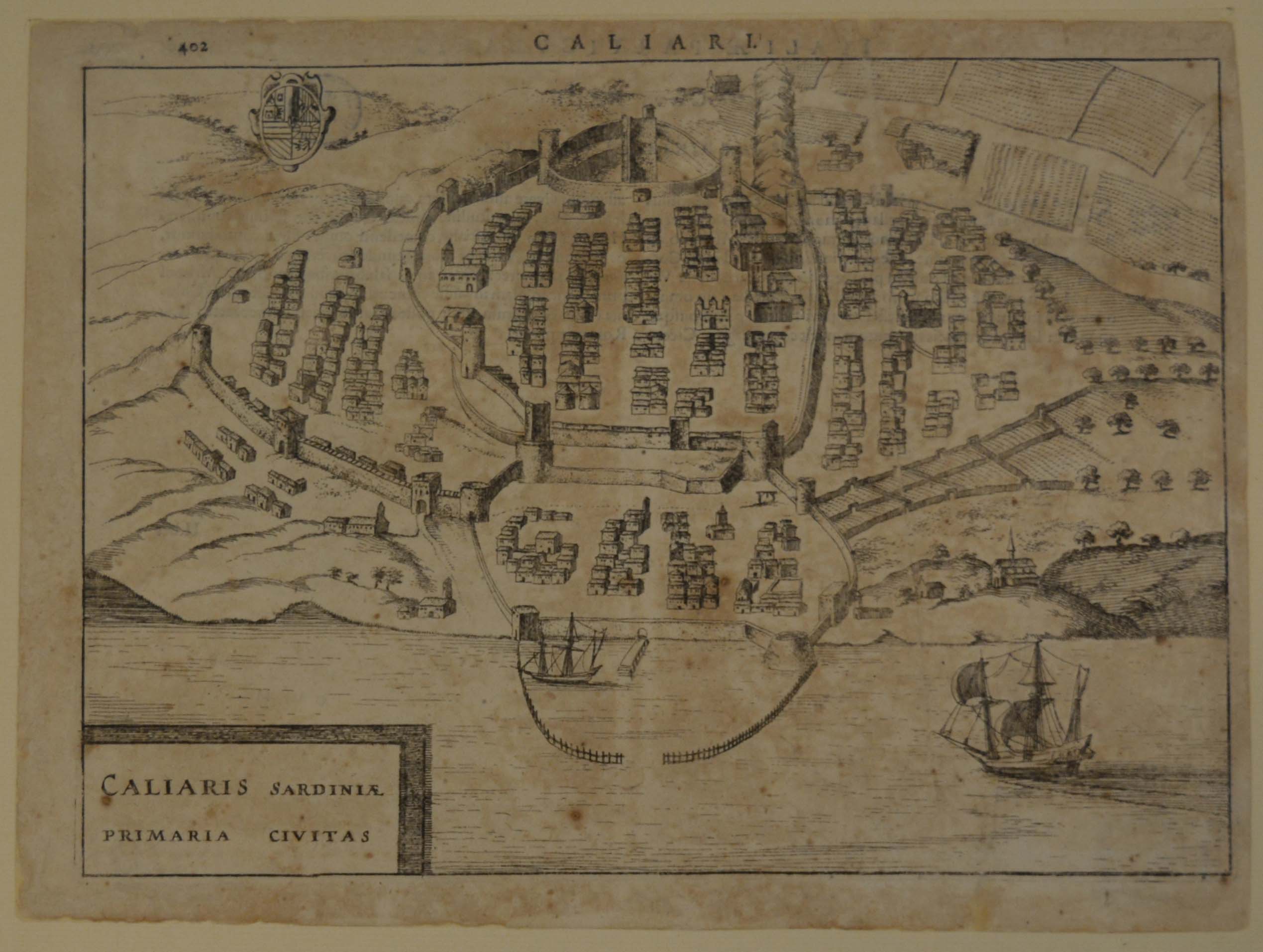 pianta topografica della città e del porto di Cagliari (stampa tagliata) di Hondt Jodocus (secondo quarto sec. XVII)