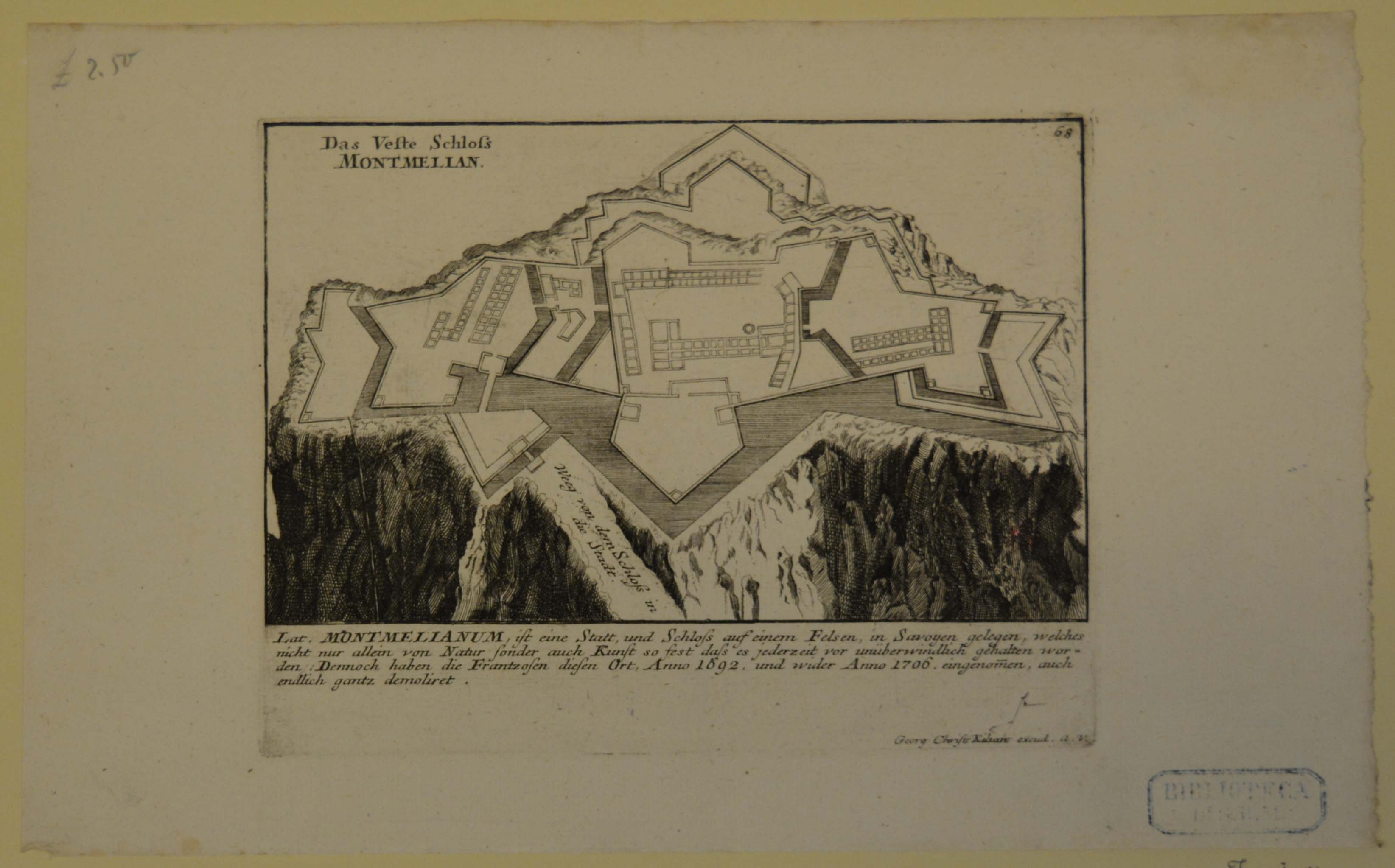 pianta topografica del castello di Montmélian (stampa) di Kilian Georg Christoph (secondo quarto sec. XVIII)