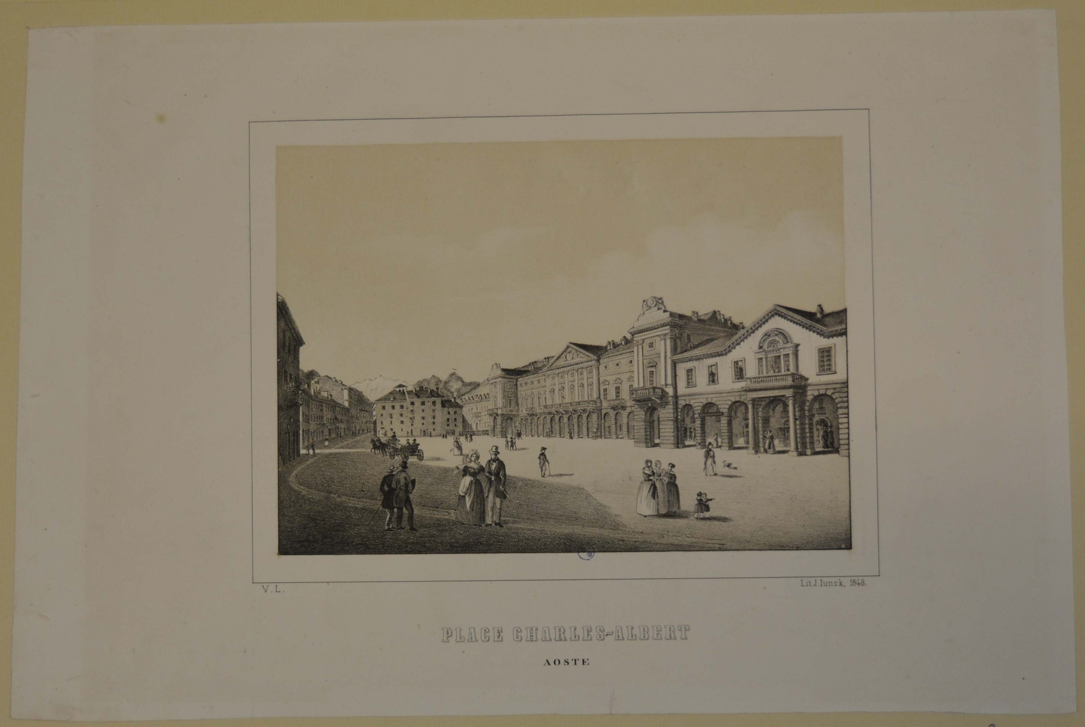 veduta di Piazza Carlo Alberto ad Aosta (stampa) di Valperga Luigi (metà sec. XIX)