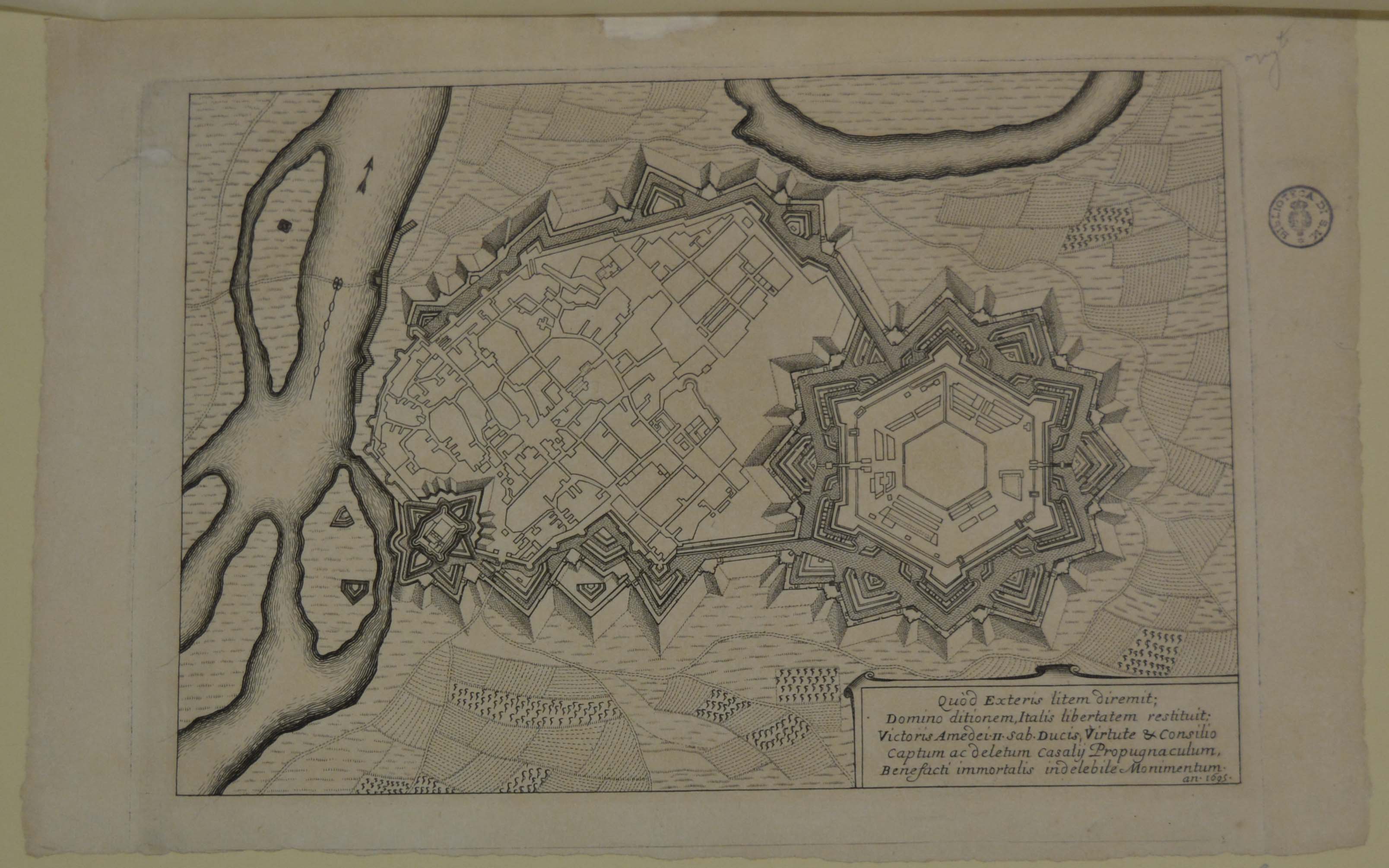 pianta topografica della città e delle fortificazioni di Casale Monferrato, durante l'assedio condotto contro i francesi, da parte di Vittorio Amedeo II nel 1695 (stampa smarginata) - ambito olandese (fine sec. XVII)
