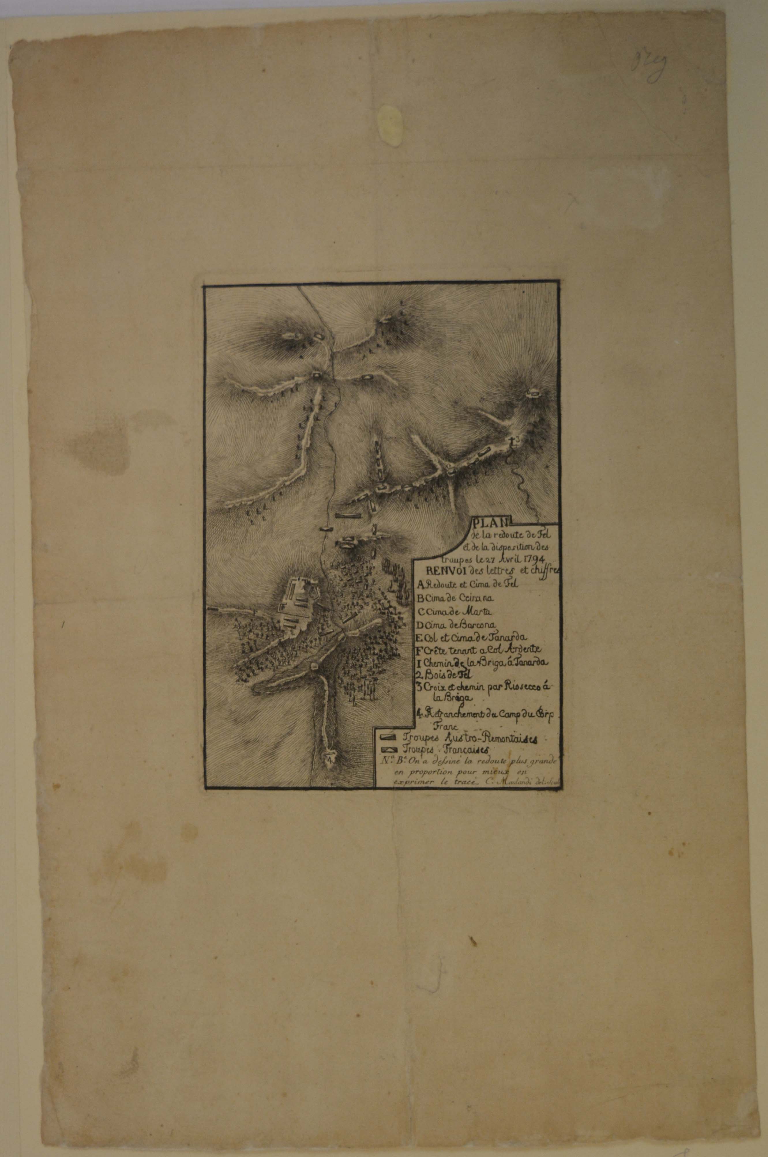 piano della battaglia di Fel e disposizione delle truppe il 27 aprile 1794 (stampa smarginata) di Maulandi C, Maulandi C (fine sec. XVIII)