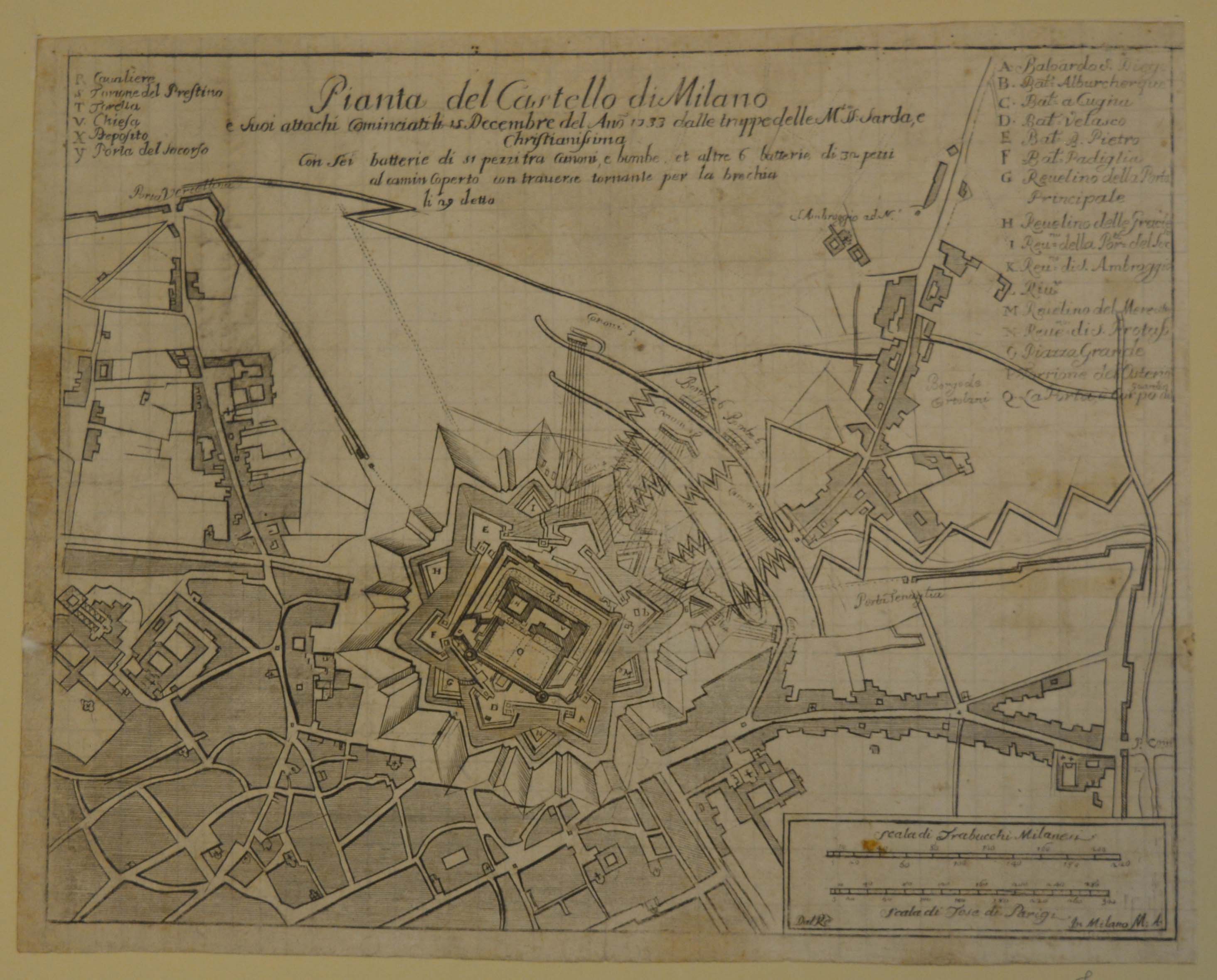 pianta dell'assedio del castello di Milano, nel 1733-1734, da parte delle truppe franco-piemontesi (stampa tagliata) di Dal Re Marcantonio (secondo quarto sec. XVIII)