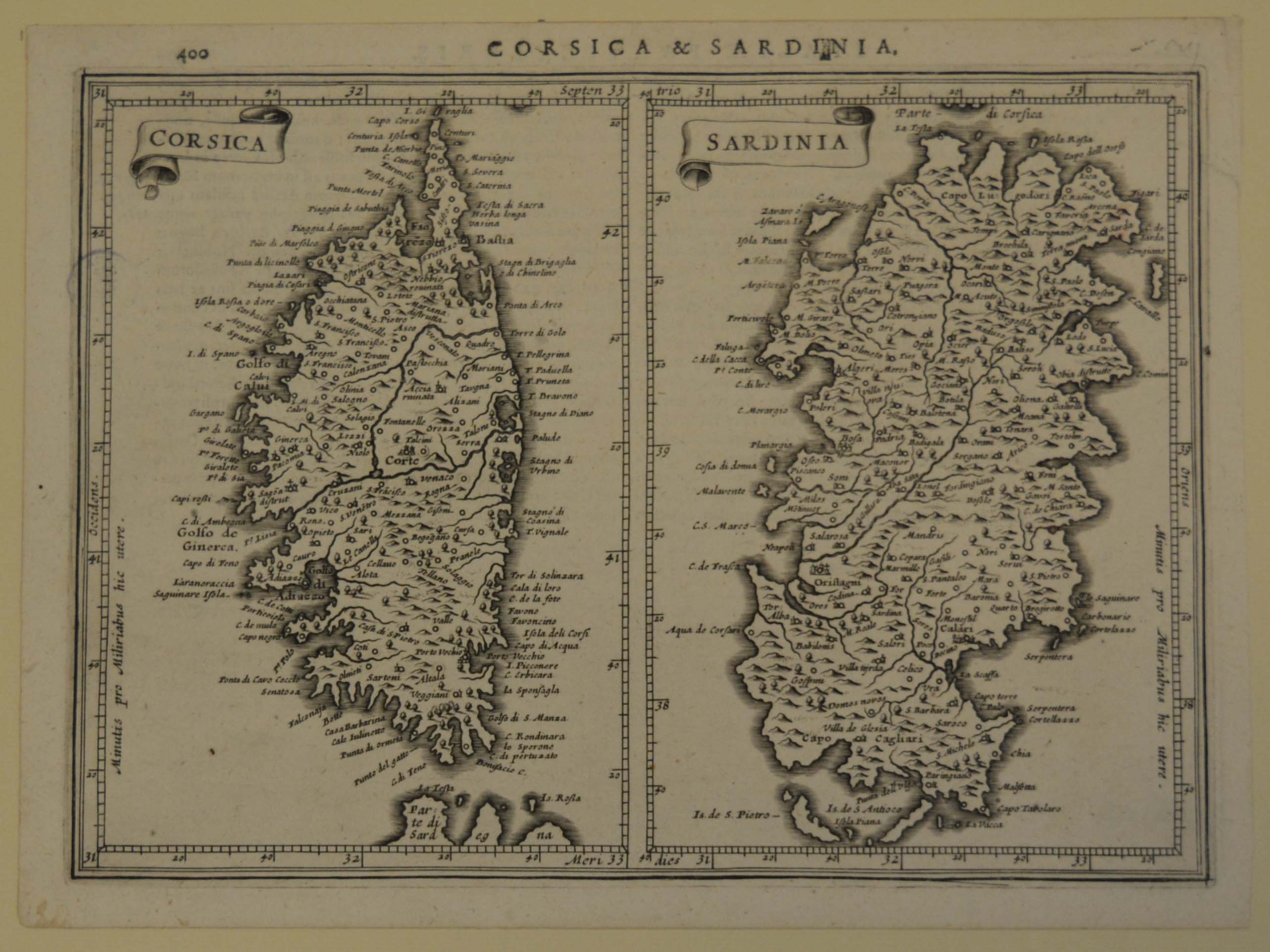 carta geografica della Corsica e della Sardegna (stampa) di Hondt Jodocus (secondo quarto sec. XVII)