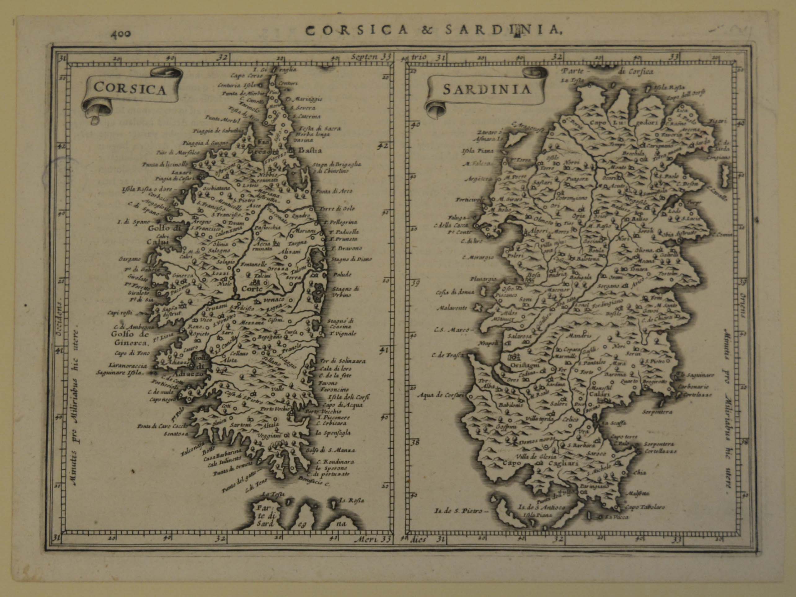 carta geografica della Corsica e della Sardegna (stampa) di Hondt Jodocus (secondo quarto sec. XVII)