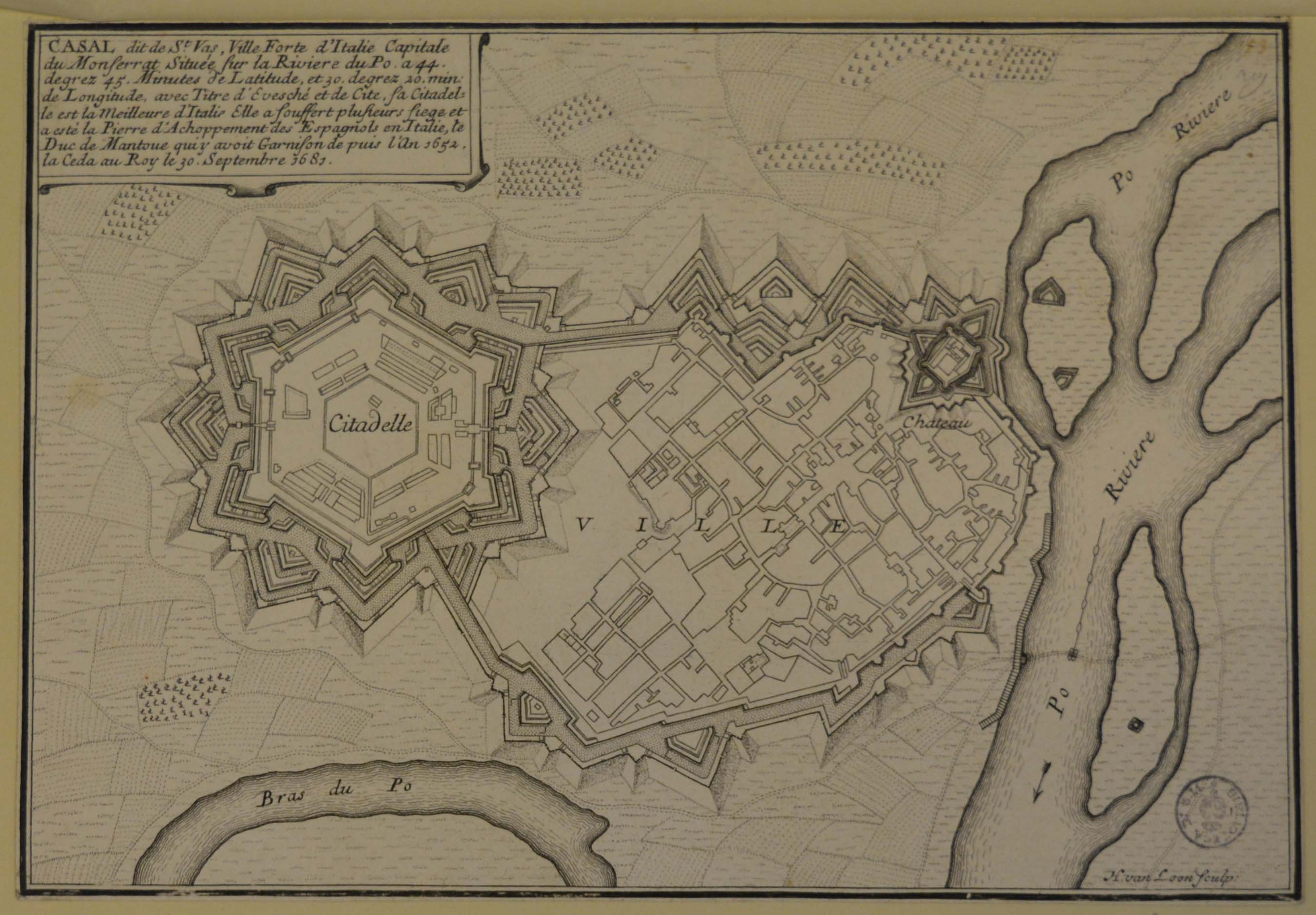 pianta topografica della città e delle fortificazioni di Casale Monferrato (stampa tagliata) di Loon Herman : van (ultimo quarto sec. XVII)